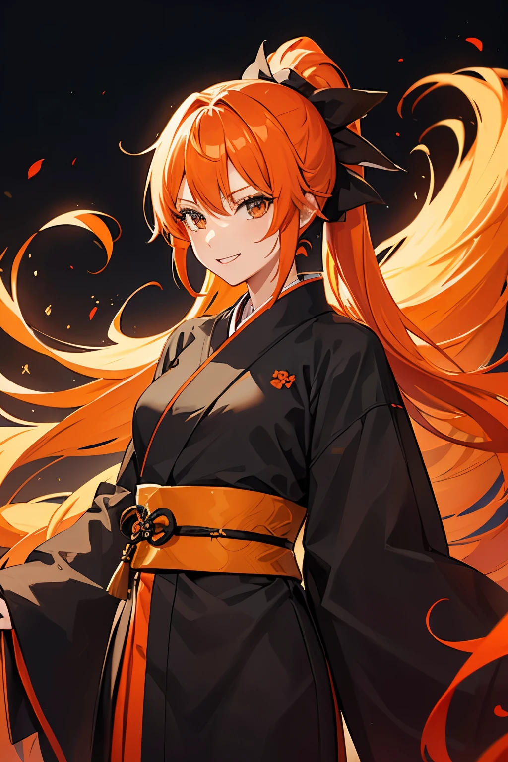 girl, orange hair, long hair, ponytail, black shihakusho, black kimono, black hakama, smile