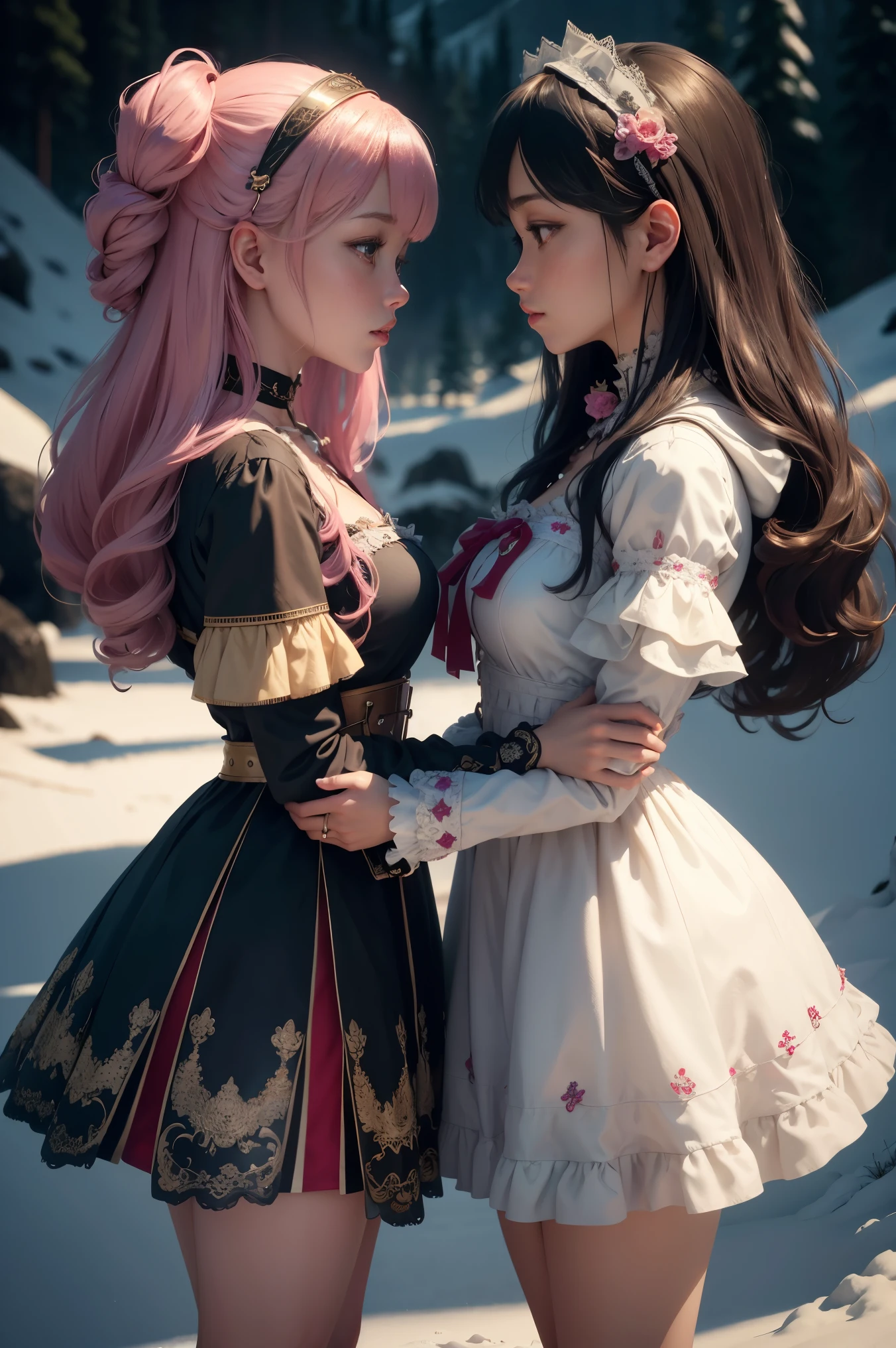 Photorealistic, ultra HD, graphics, best quality, realistic, CGI, 4k, masterpiece, best quality, high resolution, highly detailed, super detailed, 8k wallpaper, unified, amazing, fine details, wallpaper Very detailed 8k CG uniform screen, 2 Asian girls, colorful hair, kawaii cosplay girls, colorful short dresses, strappy dress, choker, skinny body, looking into each other's eyes, on a snowy mountain