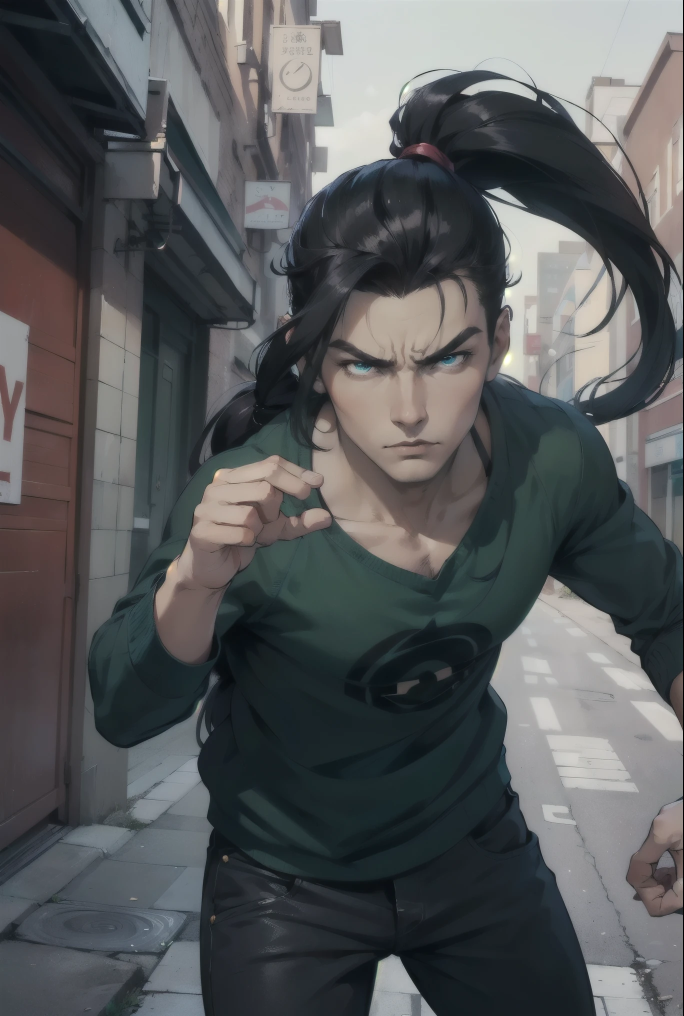 Handsome (((young man)), (((male))), intelligent, blue eyes, emerald eyes, black hair, straight hair, long hair, dark hair bound up in a ponytail, (((ponytail))), pale skin, serious expression, urban casual clothes, going through breakup, Stern fase, action pose