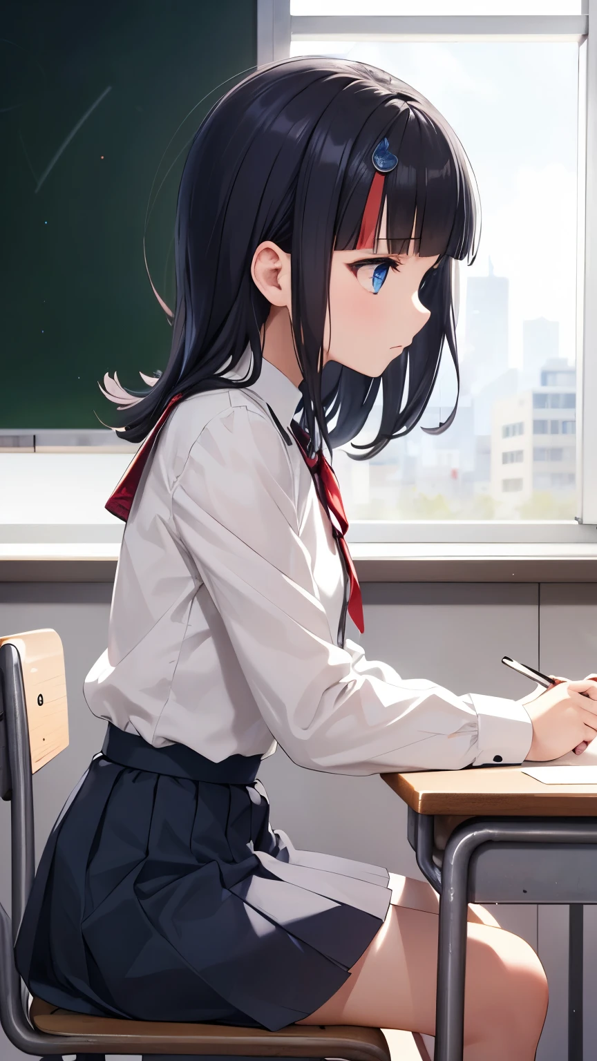 masterpiece, great quality, ultra detail, illustration, game cg, 1girl, solo, (FGOErice), sitting, white button up shirt, pleated miniskirt, classroom, bored, from side