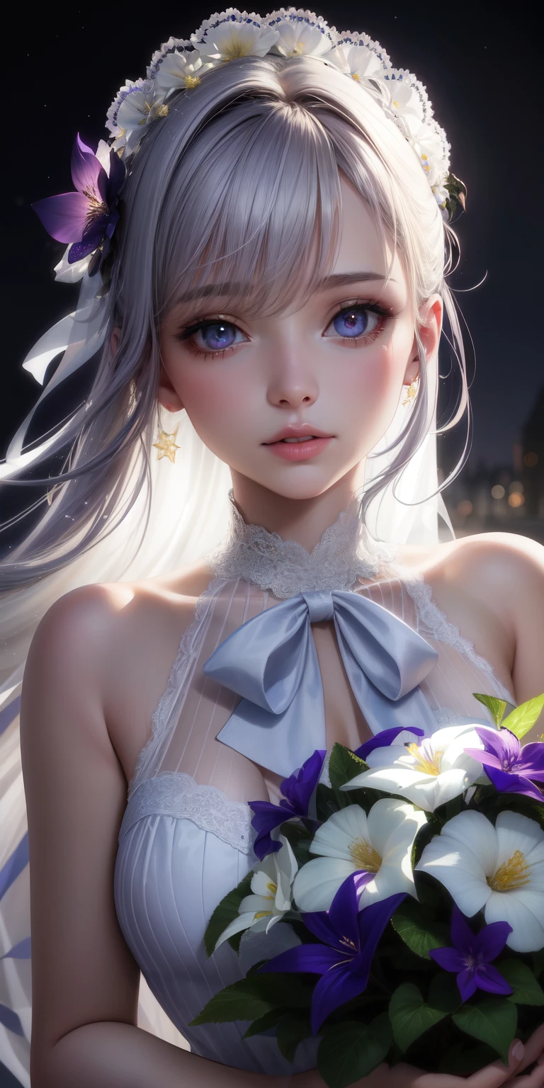 Realistic, 1fille, cheveux blancs, yeux violets, yeux brillants, haut court, Jupe, parted lips, rougir, Nuit, fleurs, Soleil, Soleillight,