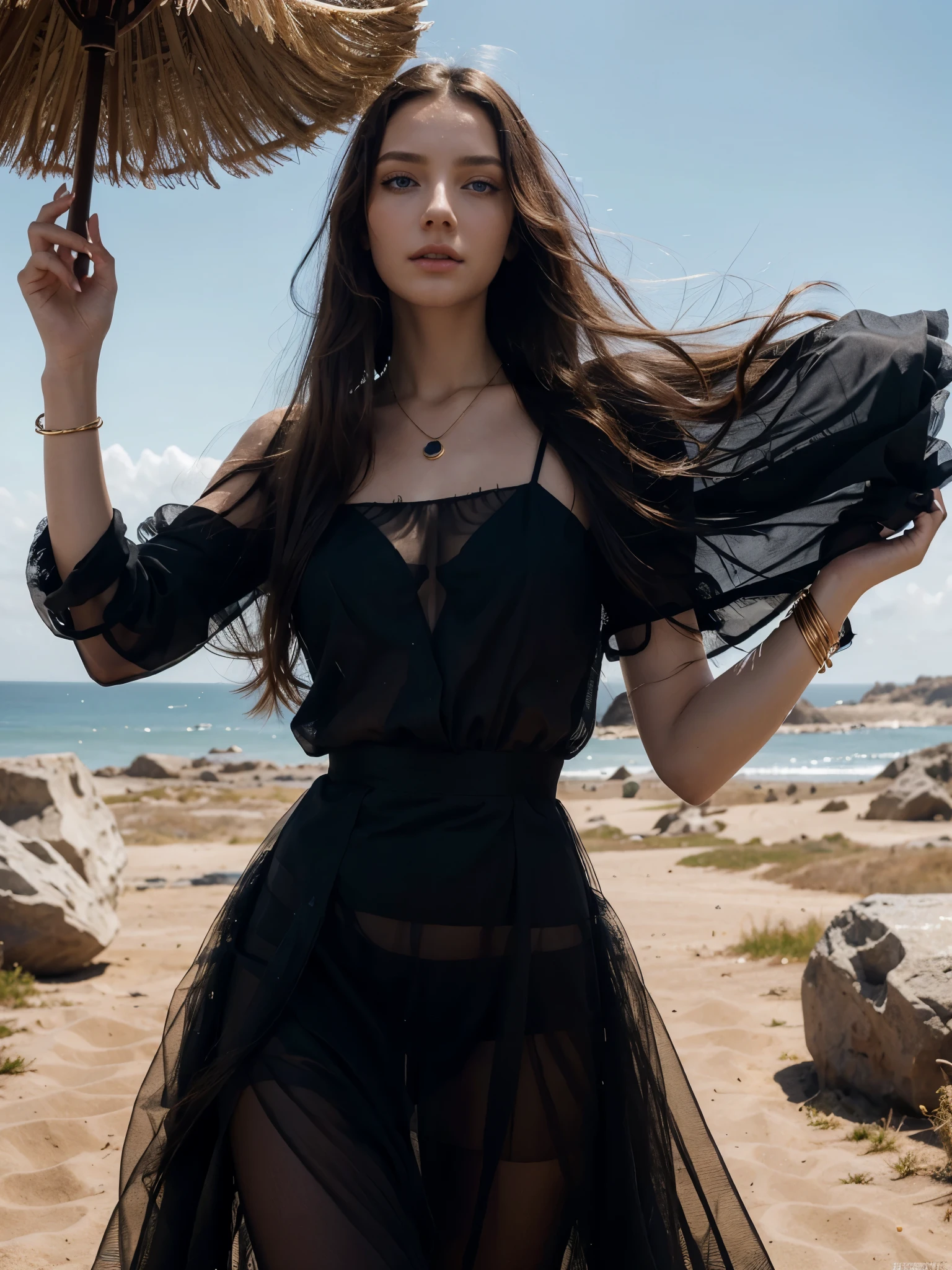 
3D ,stunning girl ,looking  at the viewer ,beautiful perfect bright Blue eyes, very beautiful face,windy day, Golden bracelets and necklaces, long hair is waving in the wind ,(official art, beautiful and aesthetic:1.2), extreme detailed, highest detailed, pale skin, the creamy smooth skin, long  monolith at the horizon, black  dark post- modern full transparent tulle dress is waving at the wind, strong light, backlighting, withered vegetation, thread, strong shadow, close-up, fog, futuristic fashion, modern art, movement, Post-apocalyptic, Biofabric, Gothic wind,soft light on face, 