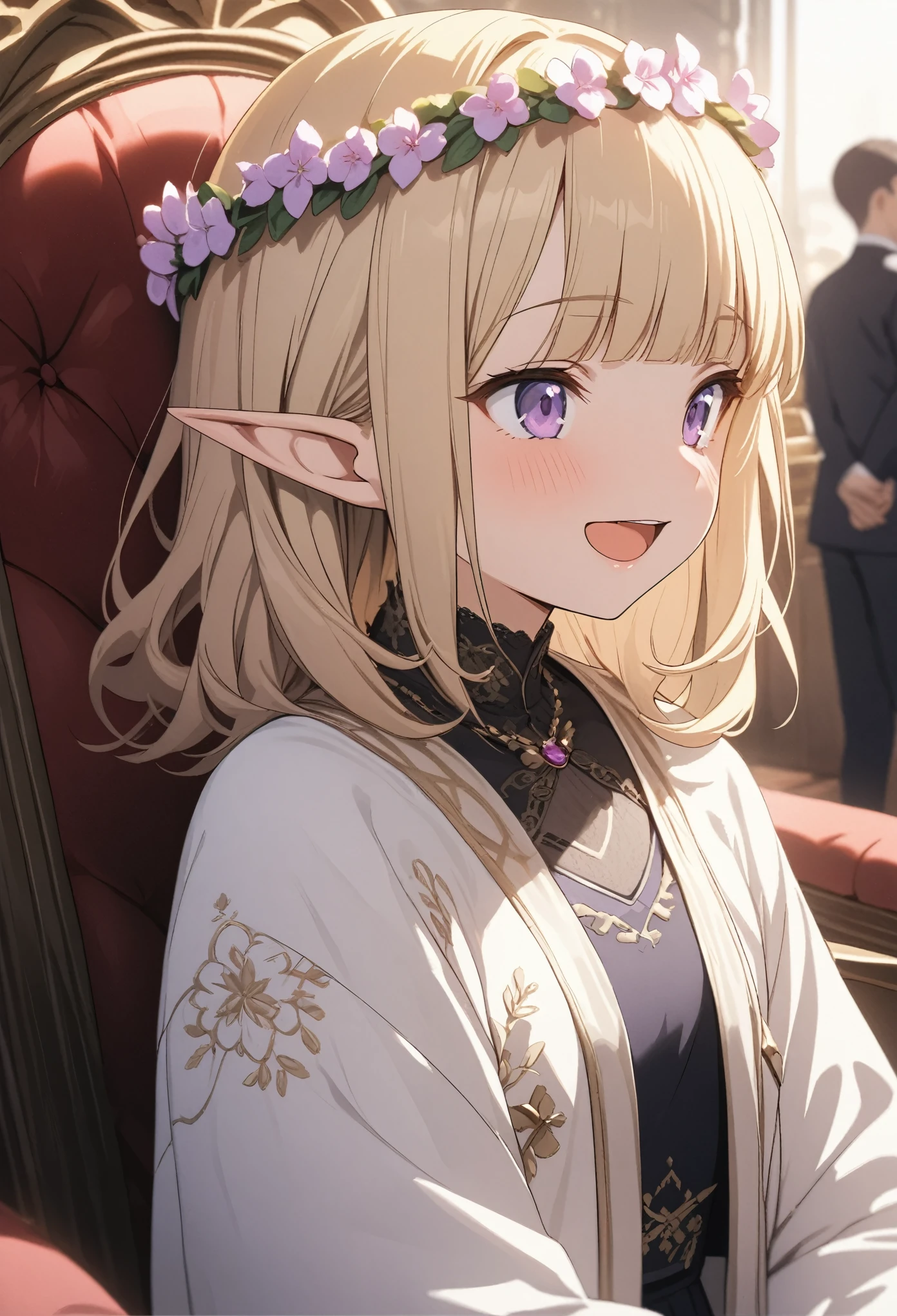 ((Masterpiece)), (Anime:1.3), ((best quality)), (super detail:1.2), (High Definition:1.3), (Professional Photography:1.2), from side, (profile), (full body), (12 years old), 1girl, cute young girl, (Laughing), open mouth, (Beautiful purple eyes:1.3), (Glossy skin), ((elf girl)), (embroidery Noble cardigan), (small chest), slim body, (loose blunt bangs), unruly hair, (medium hair), ((beautiful blond hair)), (put on noble head wreath), BREAK, ((best quality)), (Sitting on the gorgeous throne), (Audience Room at the Royal Castle), (sharp focus), (perfect light), (vibrant color),
