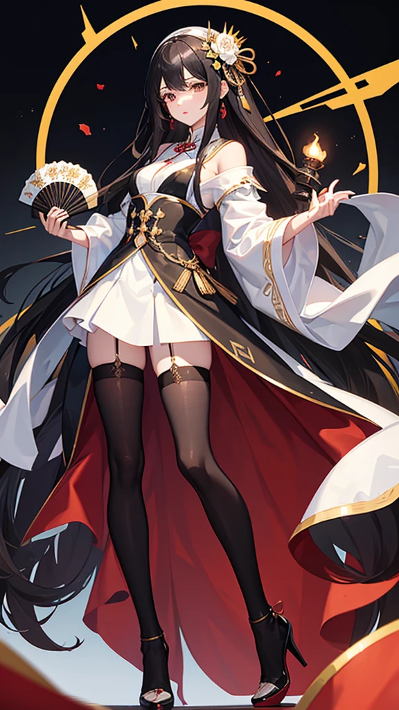 Beauty,long hair,black hair,Brown eyes,White skin,masterpiece,Fashion,Height 173 cm,Weight 52kg,Measurements 96 59 65,black stockings,Black cheongsam,red high heels,upright,Holding a small fan in the right hand,Background night market,midnight,unmanned,4K