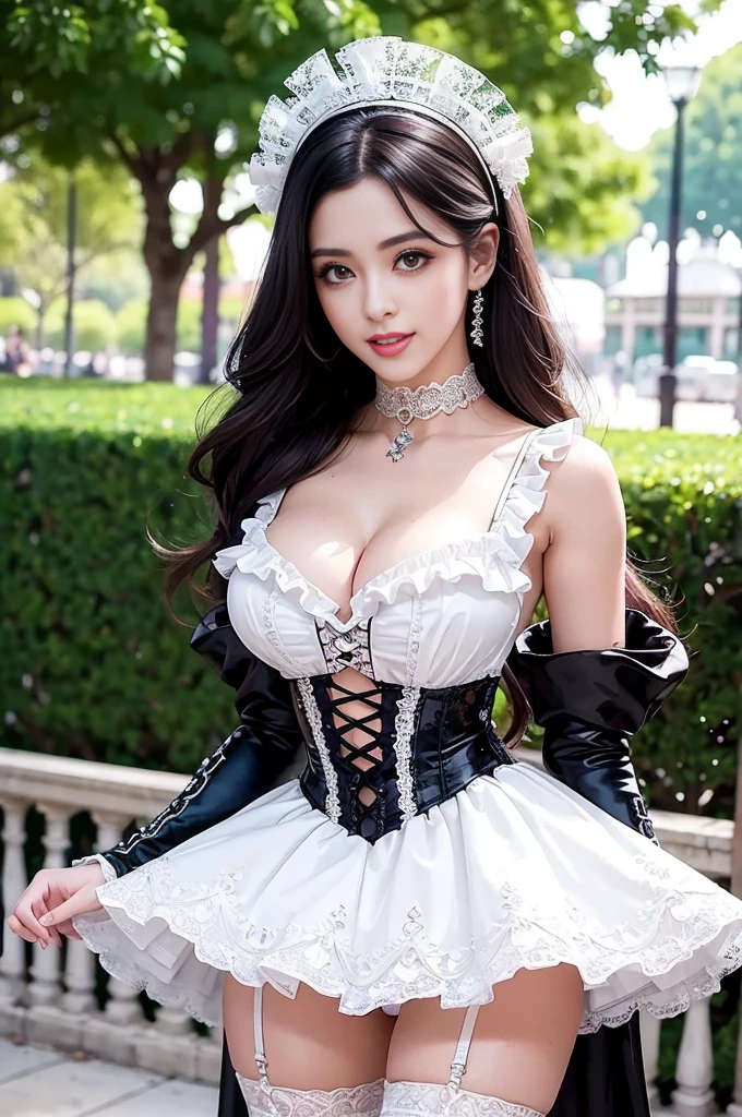 sexy stylish Spanish model, only 1 female, ((doll-like appearance)), ((ultra detailed Victorian-Style boots)), (big smile), ultra detailed eyes, vivid eye makeup, lipgloss, long lashes, defined eyebrows, ((sexy Paradise Kiss cosplay)), bell-shaped skirt, petticoats, high neckline, puffed sleeves, ((ultra detailed lace)), ((ultra detailed embroidery)), intricate details, Paradise Kiss accessoires and matching headpiece, choker, ((large sparkling Paradise Kiss jewelry)), cinematic light, detailed large park background with trees