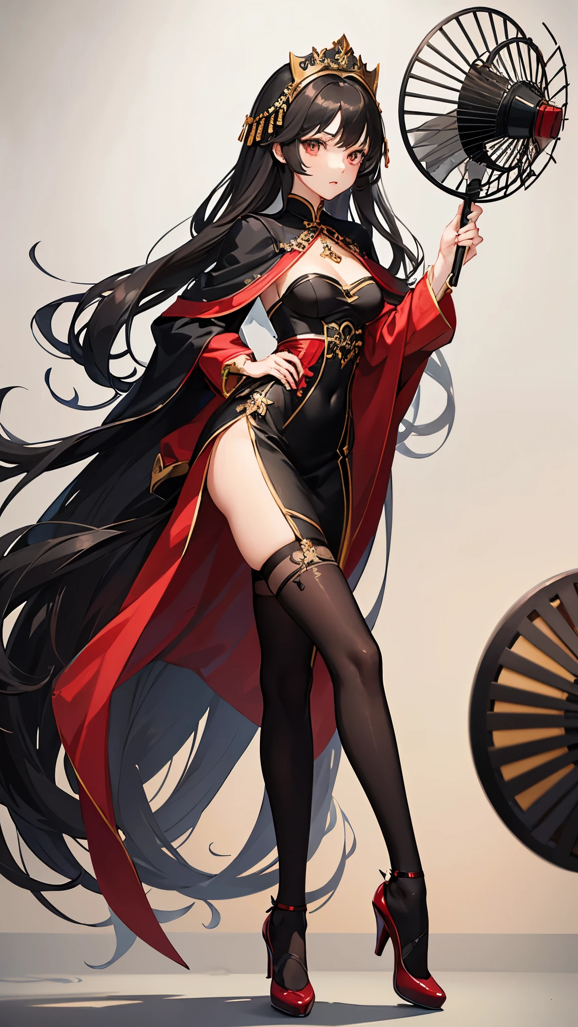 Beauty,long hair,black hair,Brown eyes,White skin,masterpiece,Fashion,Height 173 cm,Weight 52kg,Measurements 96 59 65,black stockings,Black cheongsam,red high heels,upright,Holding a small fan in the right hand,Background night market,midnight,unmanned,4K