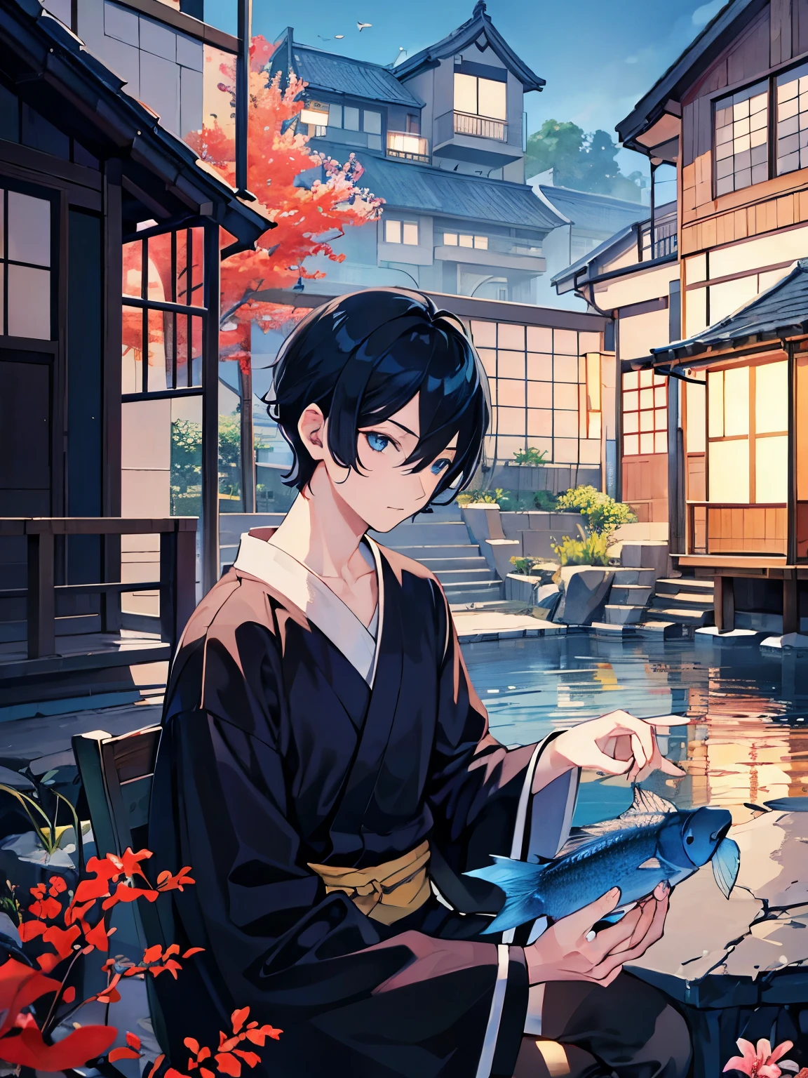 male blue eyes Black Hair Showa Retro Short Hair Aquarium fish Japanese-style house