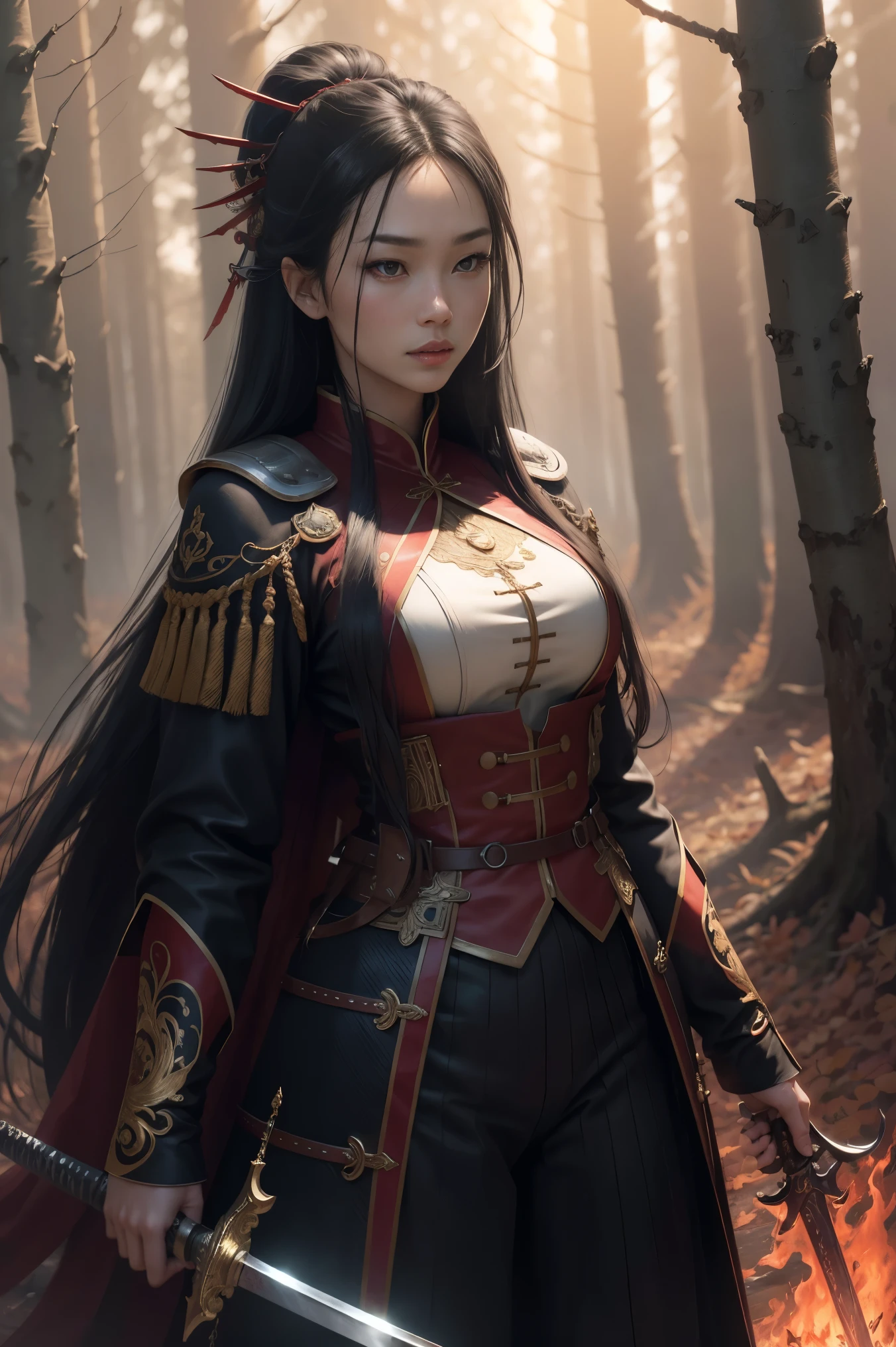 Photorealistic, ultra HD, graphics, best quality, realistic, CGI, 4k, masterpiece, best quality, high resolution, highly detailed, super detailed, 8k wallpaper, unified, amazing, fine details, wallpaper Very detailed 8k CG uniform screen, an Asian woman, long black hair, blood-red eyes, a long warrior outfit, swords on her back, in a burning dark forest.