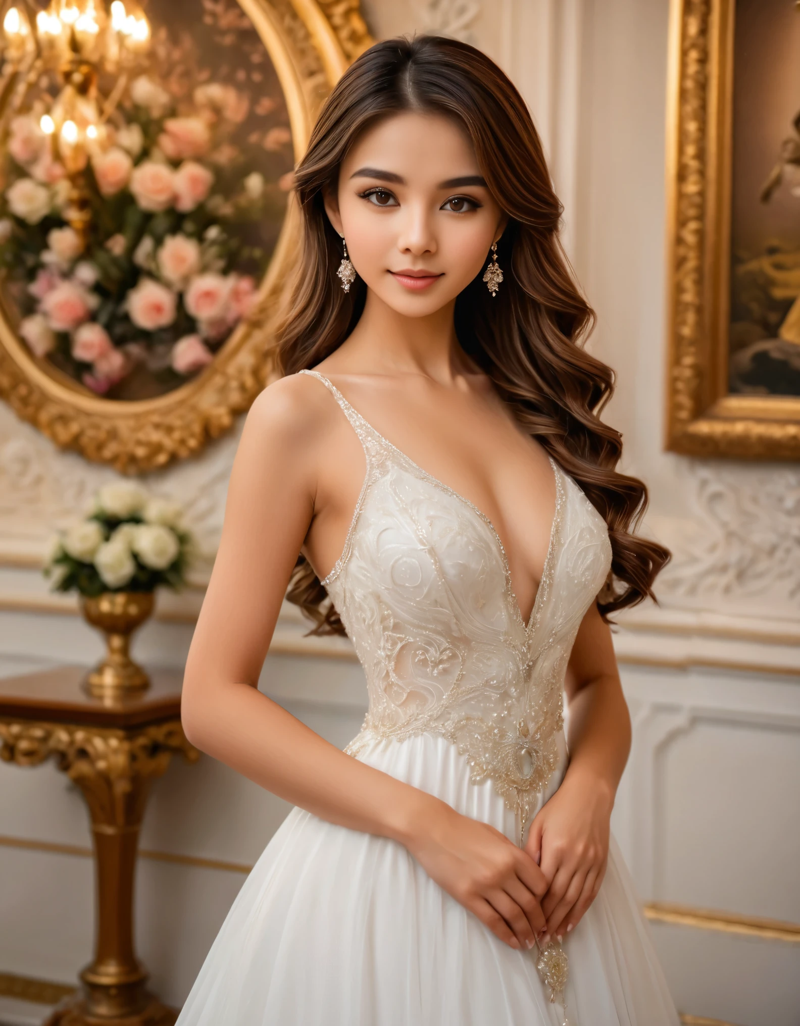 a woman in a white dress posing for a picture, a statue by Nagasawa Rosetsu, trending on cg society, arabesque, anime figure, anime thai girl, asian hyperdetailed, (best quality,4k,8k,highres,masterpiece:1.2),ultra-detailed,(realistic,photorealistic,photo-realistic:1.37),hyper realistic, intricate details, warm lighting, soft focus, delicate features, elegant pose, flowing dress, detailed jewelry, beautiful eyes, cute expression, floral accents, ornate background