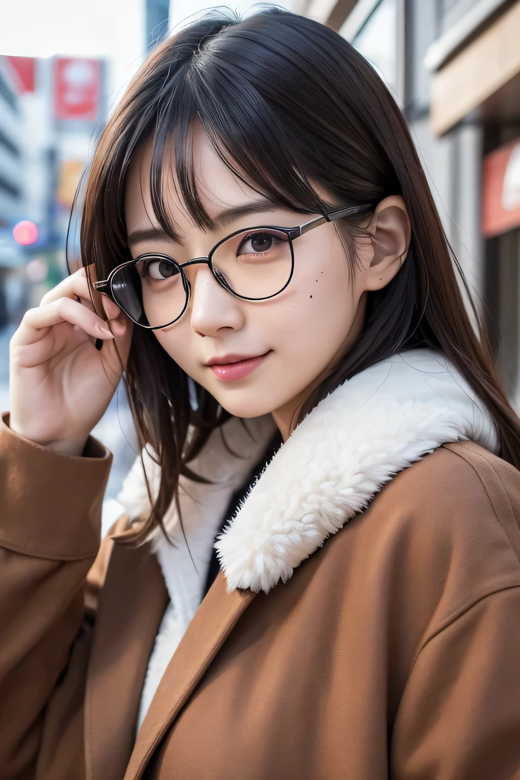 ((Japanese Girls)), 10, RAW Photos, highest quality, Super detailed, Ultra-high resolution, Realistic, Realistic photos, High-resolution RAW color capture, Photography Pro, Very detailed, 8k wallpaper, Marvel, In detail, Large file size, Highly detailed face, Very detailed eyes., good complexion, Very detailed fingers, Very detailedな鼻, Very detailedな口, Perfect Anatomy, Very detailed background, Realistic body, Good figure, hair dryer, Cute Face, Imaging, (Smile), Perfect Skin, Perfect Anatomy, (Round Glasses), (mole), Sweep Van, autumn, ((Downtown)), Long coat,