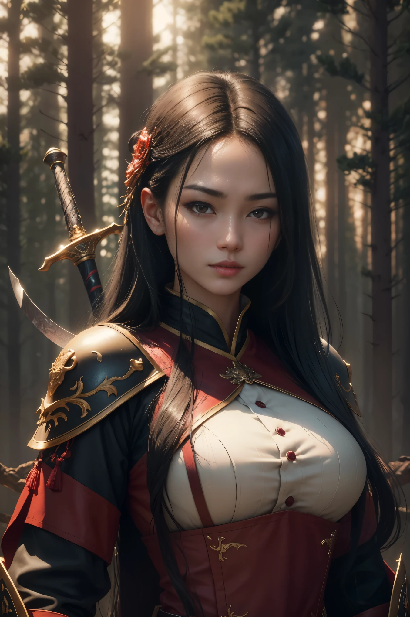 Photorealistic, ultra HD, graphics, best quality, realistic, CGI, 4k, masterpiece, best quality, high resolution, highly detailed, super detailed, 8k wallpaper, unified, amazing, fine details, wallpaper Very detailed 8k CG uniform screen, an Asian woman, long black hair, blood-red eyes, a long warrior outfit, swords on her back, in a burning dark forest.