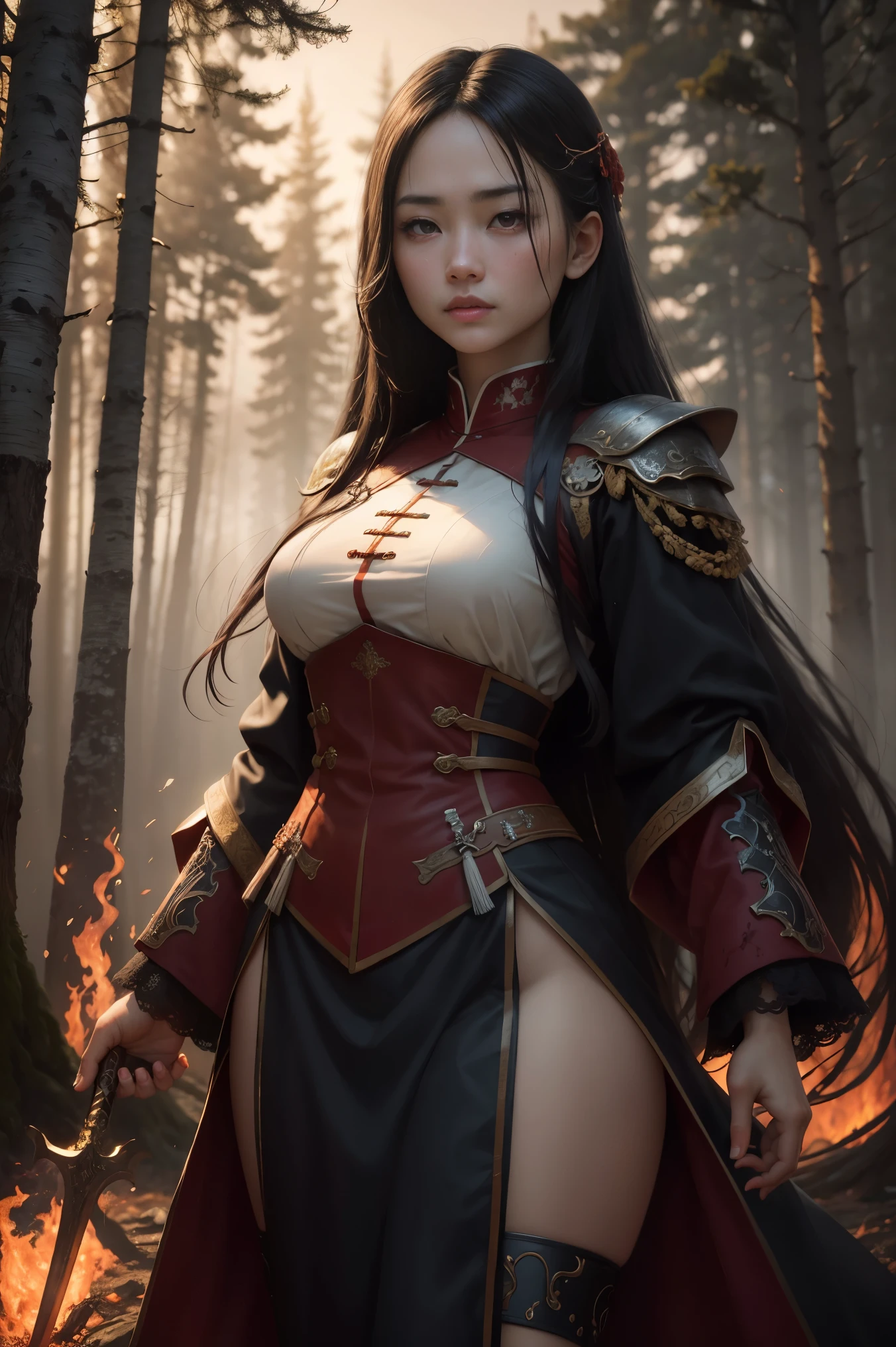 Photorealistic, ultra HD, graphics, best quality, realistic, CGI, 4k, masterpiece, best quality, high resolution, highly detailed, super detailed, 8k wallpaper, unified, amazing, fine details, wallpaper Very detailed 8k CG uniform screen, an Asian woman, long black hair, blood-red eyes, a long warrior outfit, swords on her back, in a burning dark forest.