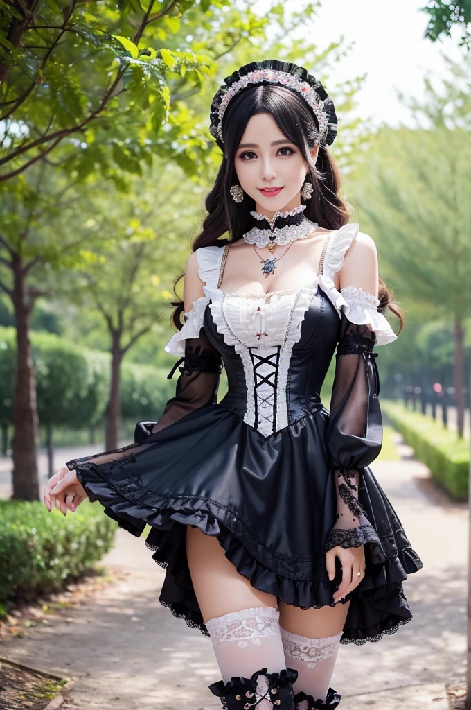 (nsfw), sexy stylish Swedish model, only 1 female, ((doll-like appearance)), short Auburn stylish hair, ((shiny Victorian-Style boots)), (big smile), ultra detailed eyes, vivid eye makeup, lipgloss, long lashes, defined eyebrows, ((sexy Paradise Kiss cosplay)), bell-shaped skirt, petticoats, high neckline, puffed sleeves, ((ultra detailed lace)), ((ultra detailed embroidery)), intricate details, Paradise Kiss accessoires and matching headpiece, choker, ((large sparkling Paradise Kiss jewelry)), cinematic light, detailed large park background with trees