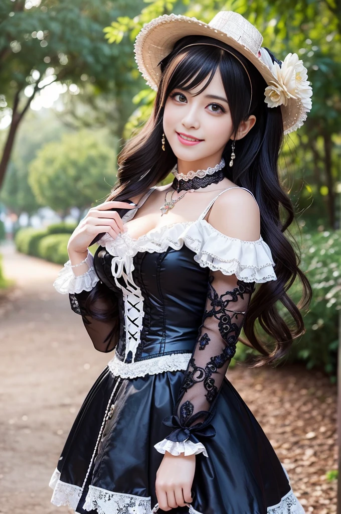 sexy stylish Spanish model, only 1 female, ((doll-like appearance)), ((ultra detailed Victorian-Style boots)), (big smile), ultra detailed eyes, vivid eye makeup, lipgloss, long lashes, defined eyebrows, ((sexy Paradise Kiss cosplay)), bell-shaped skirt, petticoats, high neckline, puffed sleeves, ((ultra detailed lace)), ((ultra detailed embroidery)), intricate details, Paradise Kiss accessoires and matching headpiece, choker, ((large sparkling Paradise Kiss jewelry)), cinematic light, detailed large park background with trees
