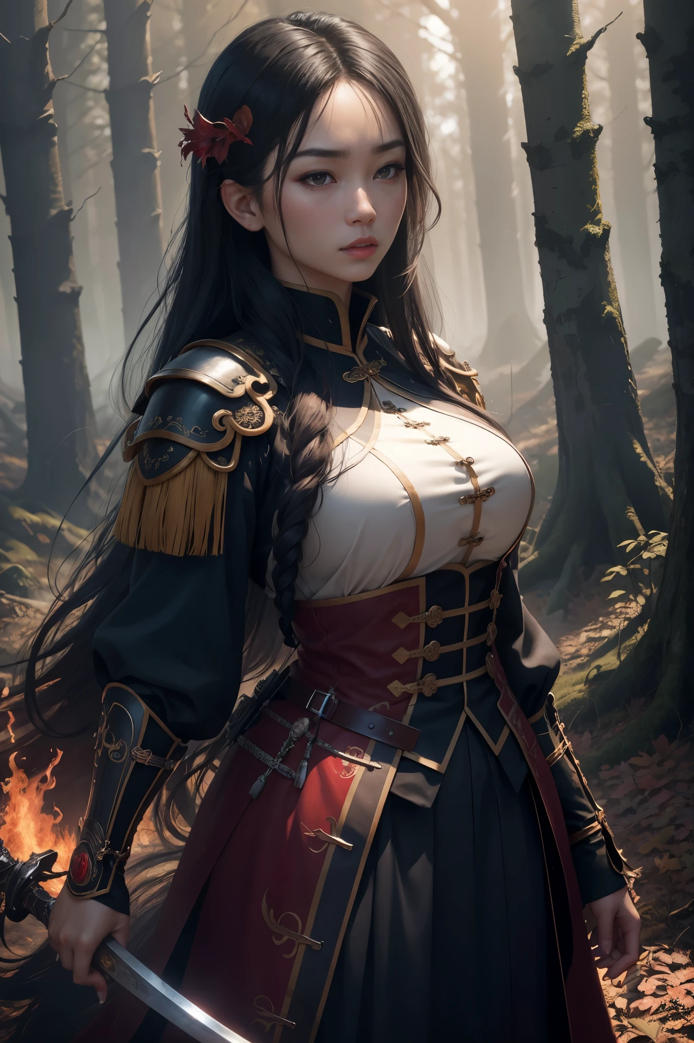 Photorealistic, ultra HD, graphics, best quality, realistic, CGI, 4k, masterpiece, best quality, high resolution, highly detailed, super detailed, 8k wallpaper, unified, amazing, fine details, wallpaper Very detailed 8k CG uniform screen, an Asian woman, long black hair, blood-red eyes, a long warrior outfit, swords on her back, in a burning dark forest.