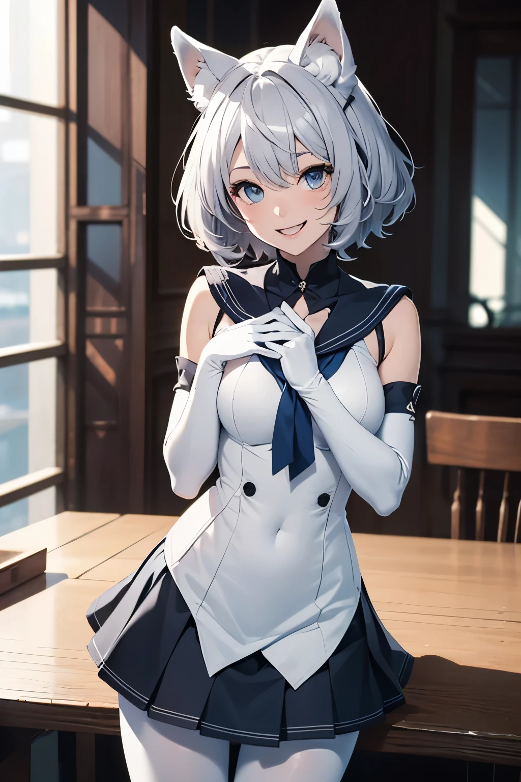 Tabletop high resolution Best image quality 8k Adult female Portraiture Pure white long gloves(Elbow Gloves) Pure white pantyhose Sailor suit(Sleeveless) mini skirt White wolf ears short hair((Shortcuts)(Gray Hair)(Perm)(fluffy)) Eye color is blue Attractive face((Laughter)(smile)(Open your mouth)) please put your hand on your chest Are standing