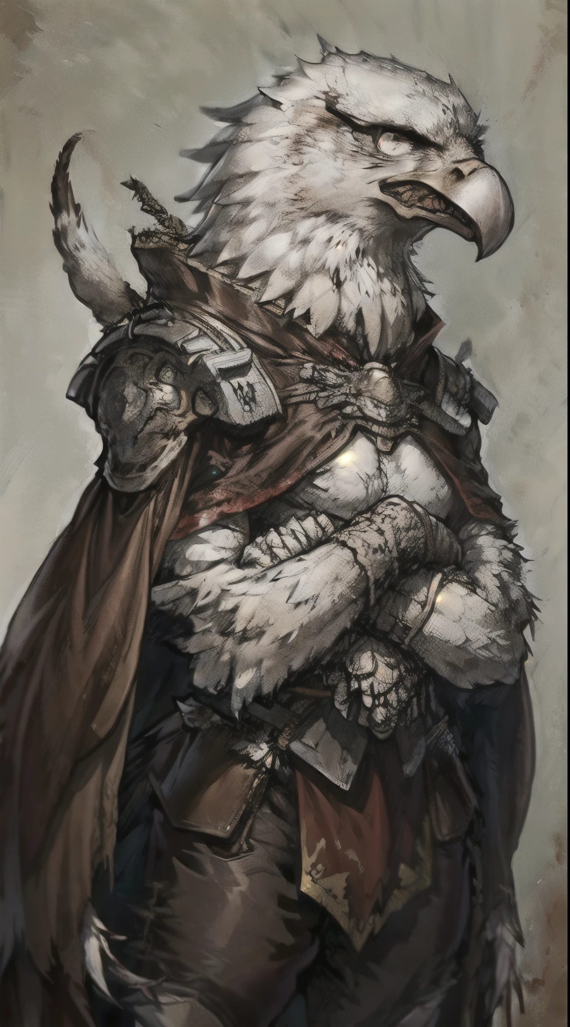 Portrait, Anthropomorphic, big, strong, arms crossed, bloody claws, heroic pose, real eagle assassin, ((blood in his claws)), (eagle man), (white eagle head), ((wearing a full brown leather robes)), (fantasy creature), white background