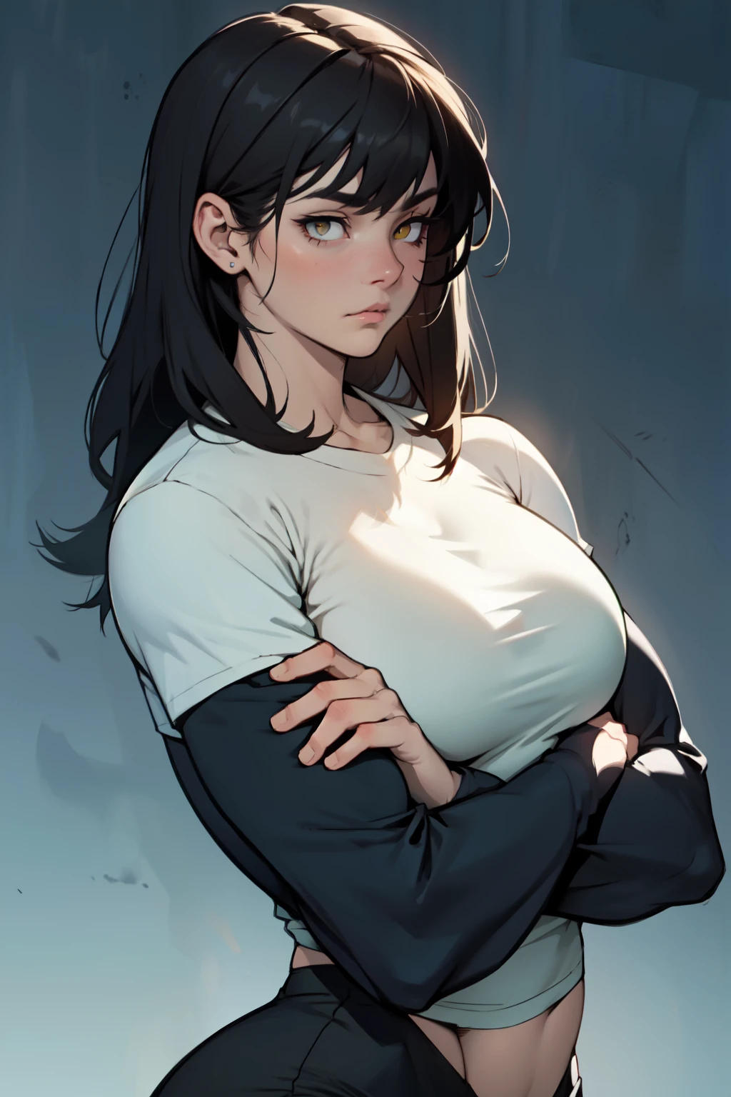 sad girl muscular muscular muscular breasts breasts breasts thick thick thick thick black hair yellow eyes pale skin pale skin thick thick thick long sleeve dark atmosphere thick thick thick thick thick thick muscular simple background sad sad sad girl sad girl tigth shirt