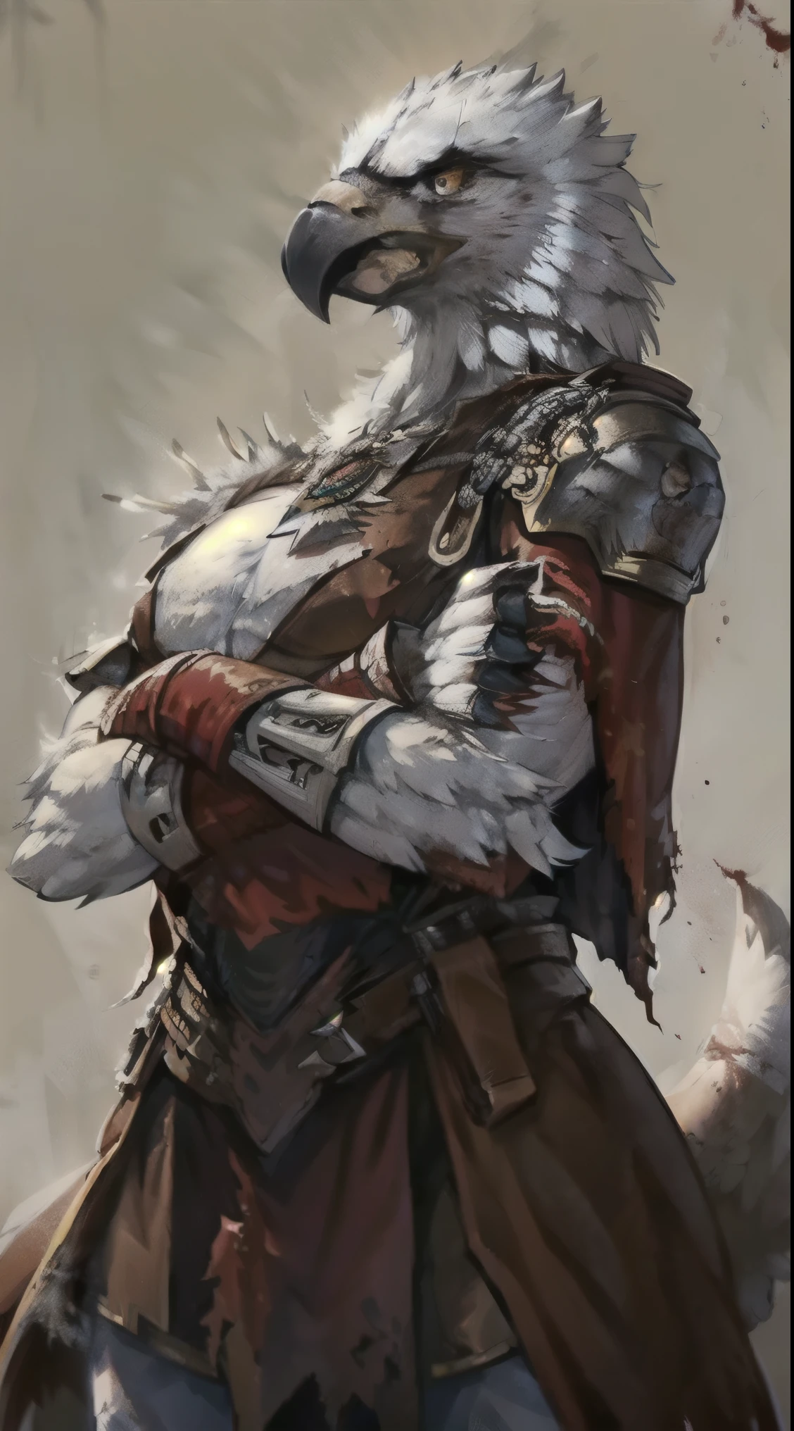 Portrait, Anthropomorphic, big, strong, arms crossed, bloody claws, heroic pose, real eagle assassin, ((blood in his claws)), (eagle man), (white eagle head), ((wearing a full brown leather robes)), (fantasy creature), white background
