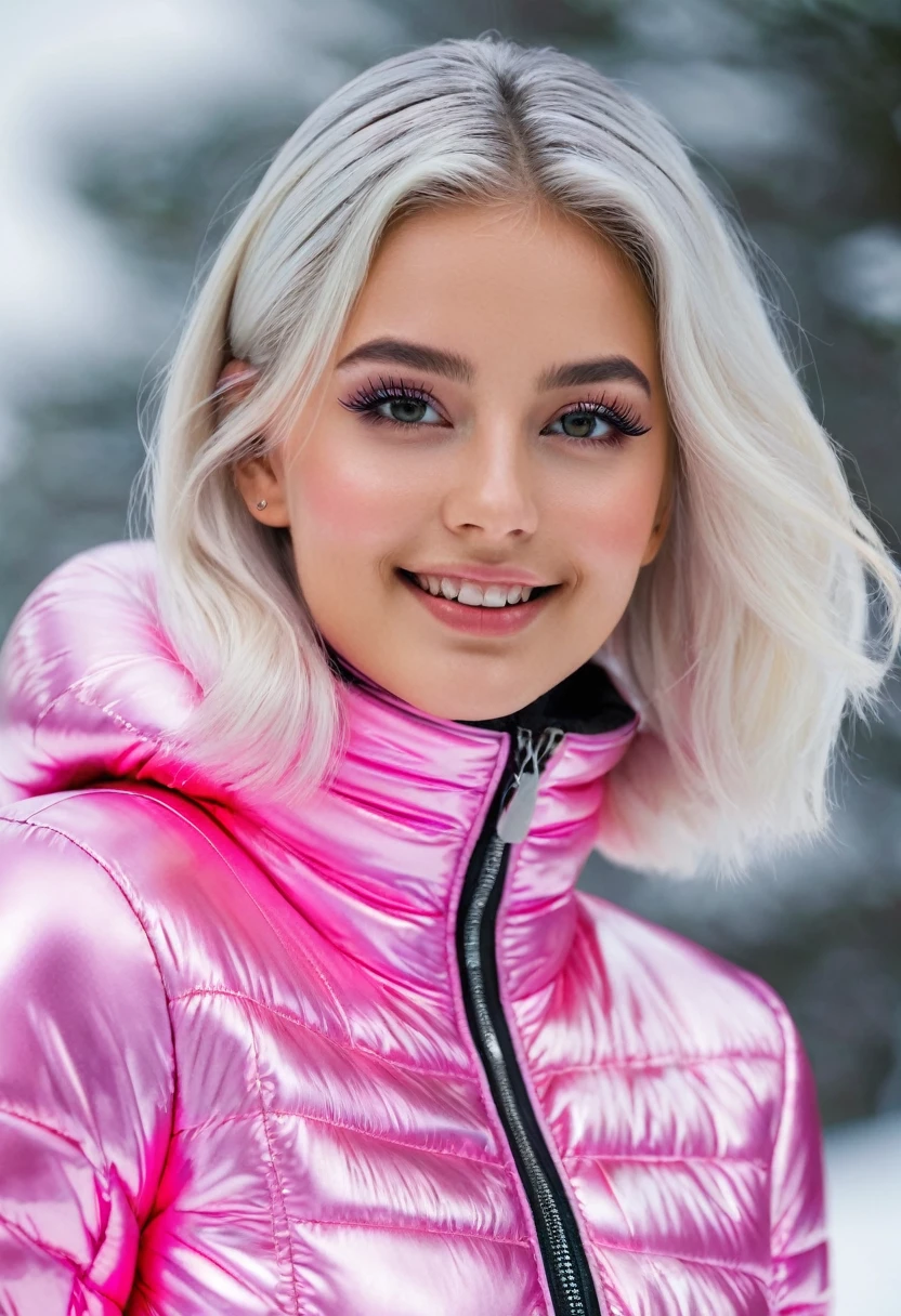 hyperrealistic beautiful busty 18-year-old teen girl with long legs wearing shiny metallic neon-pink puffer catsuit, model shooting full body photography, dyed white hair with short ponytail, dark eye makeup with eyeliner, seductive smile, small necklace, 8K, Best quality, Meisterwerk, ultra high resolution, (Realismus: 1.4), Originalfoto, (realistische Hautstruktur: 1.3), (Filmkorn: 1.3), (Selfie-Winkel), 1 girl, Beautiful round hazel eyes and facial details, Meisterwerk, Best quality, posing outdoor sledging in the snow, nsfw