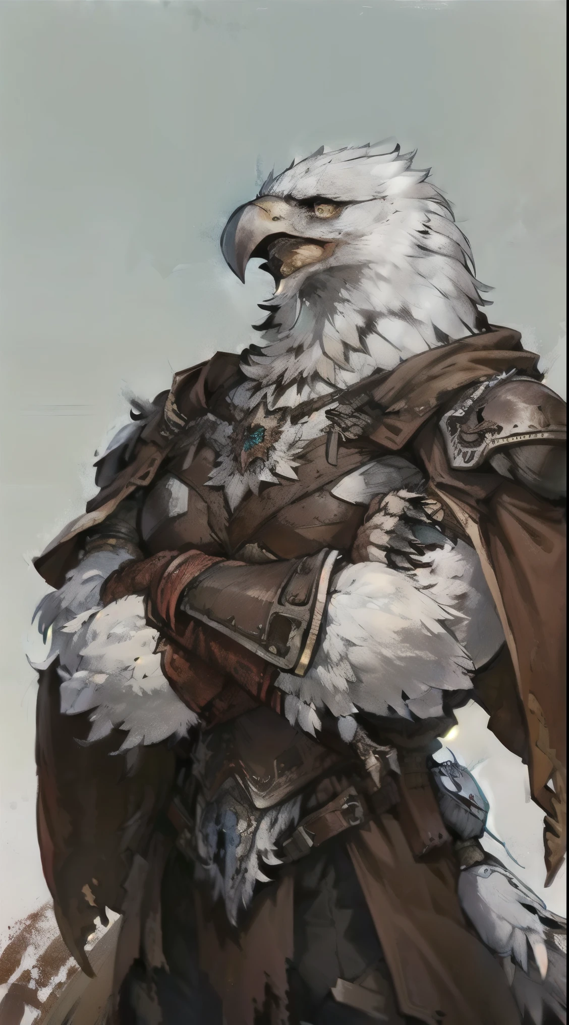 Portrait, Anthropomorphic, big, strong, arms crossed, bloody claws, heroic pose, real eagle assassin, ((blood in his claws)), (eagle man), (white eagle head), ((wearing a full brown leather robes)), (fantasy creature), white background