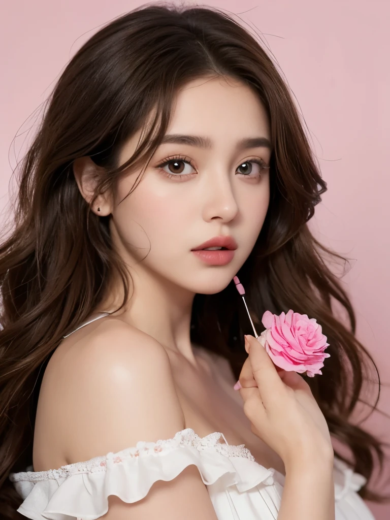 A beautiful chicas, chicas, with curly brown hair, con rizos en los extremos, all her brown hair, with a star clip in her white brown hair, ojos de color claro, ojos bonitos, ojos llorosos, beautiful and ojos llorosos, una bonita, nariz respingona, una nariz llorosa, bonitos labios, labios rosados, heart-shaped lips and cupid&#39;s bow, Piel hermosa, piel blanca, con lunares y pecas por toda la cara, maquillaje suave y lindo, un lindo collar, Mientras llevaba un traje de mucama, con un delgado, tonificado, y hermoso abdomen, Cuerpo completo (Hermosos pechos), una foto sexy, vestido de sirvienta sexy, una foto hermosa y sexy, una foto con una pose sexy, looking to the camera, una bonita selfie