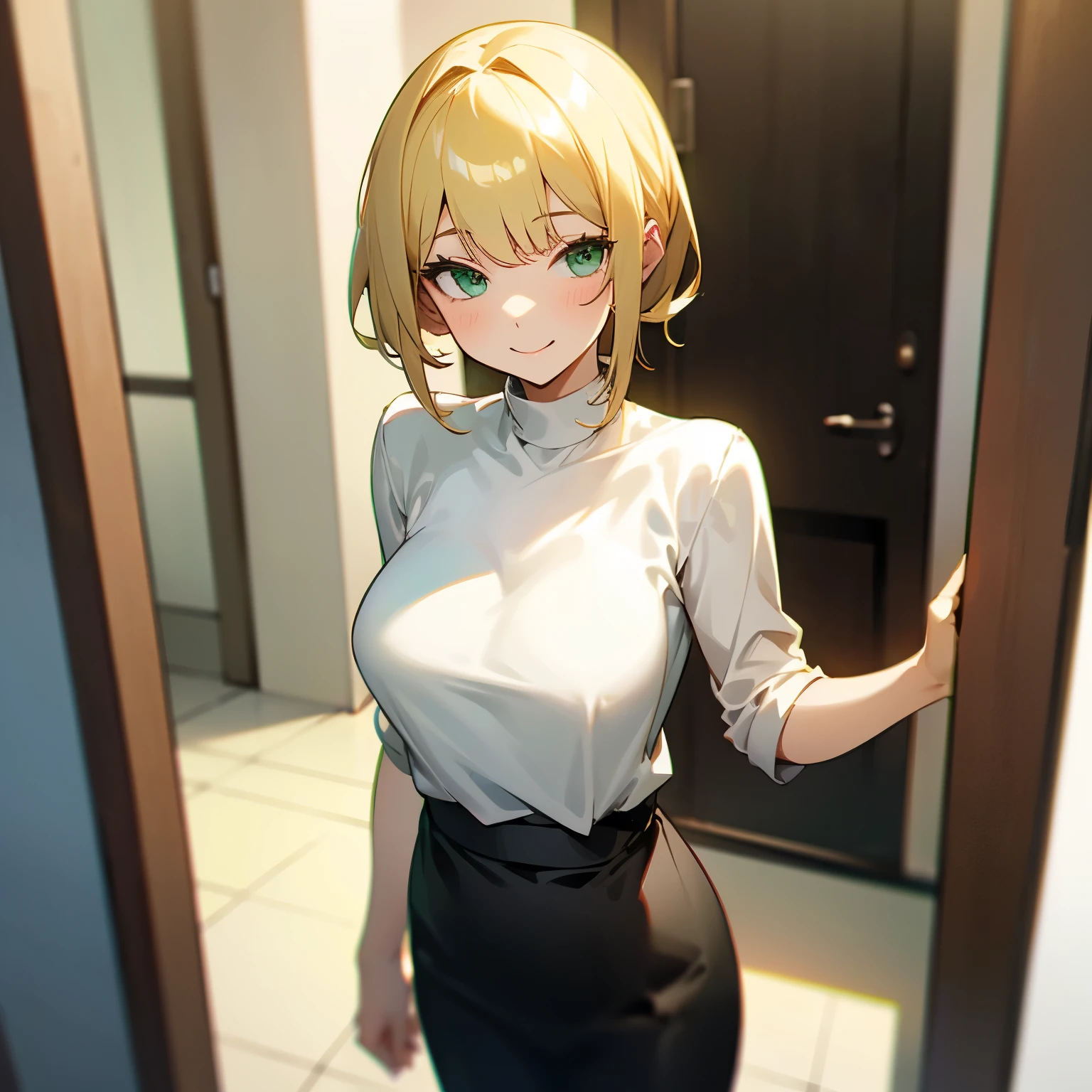 A young woman with blonde hair and green eyes, wearing a white top and a black skirt, stands at the entrance of a house. The girl is slim and has medium sized tits. His perverted smile.