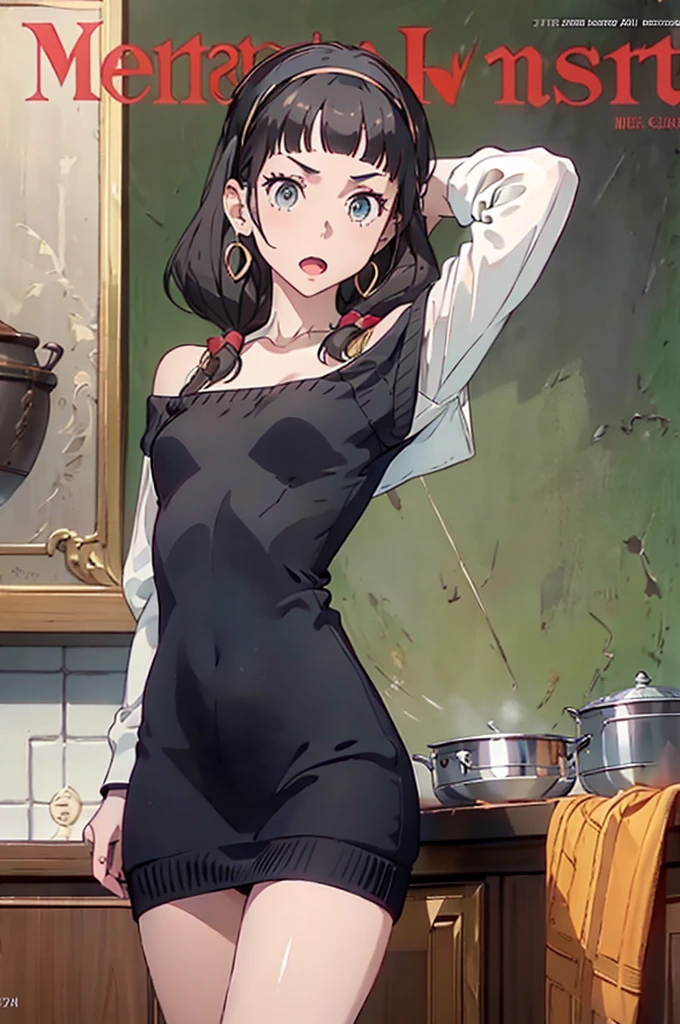 (small breasts:1.3), (perky chest:1.1), (pointed chest:1.0), (fashion magazine cover:1.3),(from below:1.0),(from side:0.9),masterpiece, 1girl, Amazing Cleavage:1.1, thin waist, big ass, Raised sexy, small breast: 1.3, posed cleavage:1.2、solo, looking at viewer, open mouth, have a cute grass of cute beergrass,black hair, dark green eyes, dress, bare shoulders, jewelry, collarbone, sidelocks, hairband, earrings, indoors, off shoulder, :o, sweater, arms behind back, plant, short hair with long locks, gild hairband, off-shoulder dress, sweater dress, off-shoulder sweater, red sweater, dark gord hair, big side hair, very long side hair,is rendered in (masterpiece: 1.2, best quality), with (ultra high resolution) and an exquisite (depth of field). This masterpiece is not only visually stunning but also tells,A scene of cooking in the kitchen by classroom