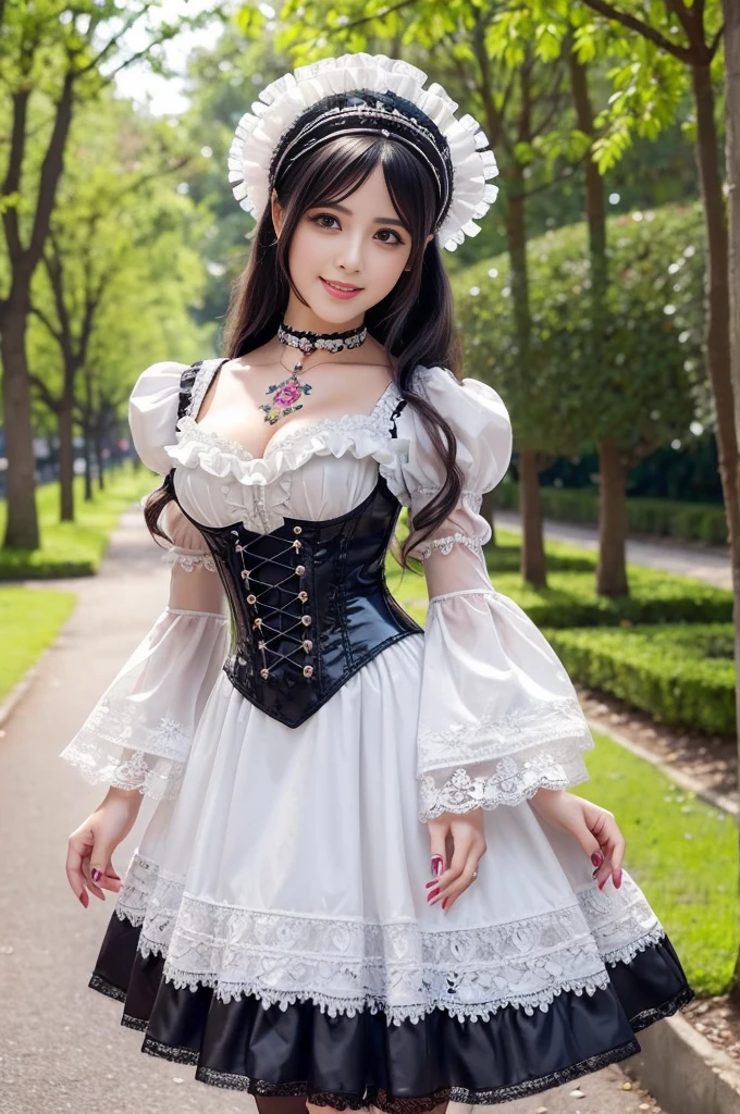 sexy stylish Spanish model, only 1 female, ((doll-like appearance)), ((ultra detailed Victorian-Style boots)), (big smile), ultra detailed eyes, vivid eye makeup, lipgloss, long lashes, defined eyebrows, ((sexy Paradise Kiss cosplay)), bell-shaped skirt, petticoats, high neckline, puffed sleeves, ((ultra detailed lace)), ((ultra detailed embroidery)), intricate details, Paradise Kiss accessoires and matching headpiece, choker, ((large sparkling Paradise Kiss jewelry)), cinematic light, detailed large park background with trees