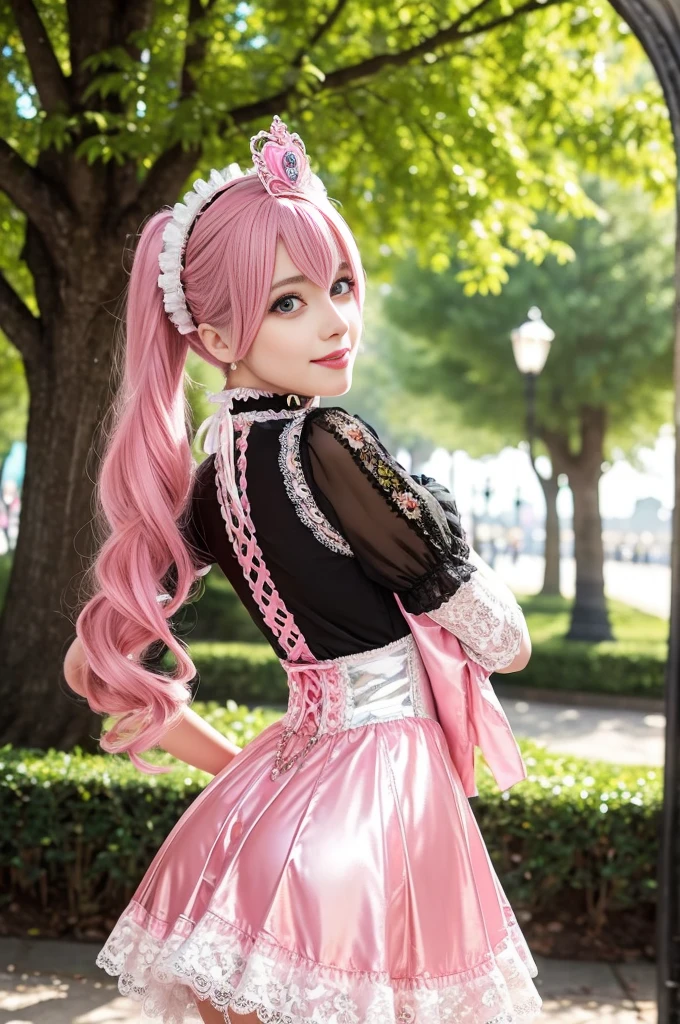sexy stylish Swedish model, only 1 female, ((doll-like appearance)), long neon pink stylish hair, ((shiny Victorian-Style boots)), big smile, ultra detailed eyes, vivid eye makeup, lipgloss, long lashes, defined eyebrows, ((sexy Paradise Kiss cosplay)), bell-shaped skirt, petticoats, high neckline, puffed sleeves, ((ultra detailed lace)), ((ultra detailed embroidery)), intricate details, Paradise Kiss accessoires and matching headpiece, choker, ((large sparkling Paradise Kiss jewelry)), cinematic light, detailed large park background with trees