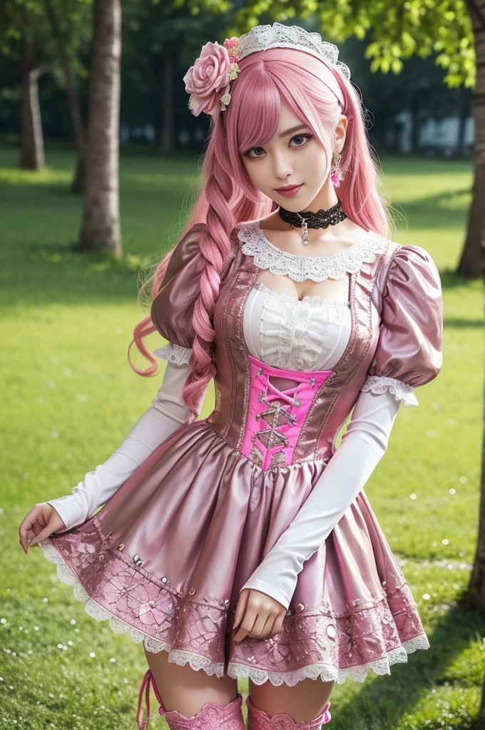 sexy stylish Swedish model, only 1 female, ((doll-like appearance)), long neon pink stylish hair, ((shiny Victorian-Style boots)), big smile, ultra detailed eyes, vivid eye makeup, lipgloss, long lashes, defined eyebrows, ((sexy Paradise Kiss cosplay)), bell-shaped skirt, petticoats, high neckline, puffed sleeves, ((ultra detailed lace)), ((ultra detailed embroidery)), intricate details, Paradise Kiss accessoires and matching headpiece, choker, ((large sparkling Paradise Kiss jewelry)), cinematic light, detailed large park background with trees
