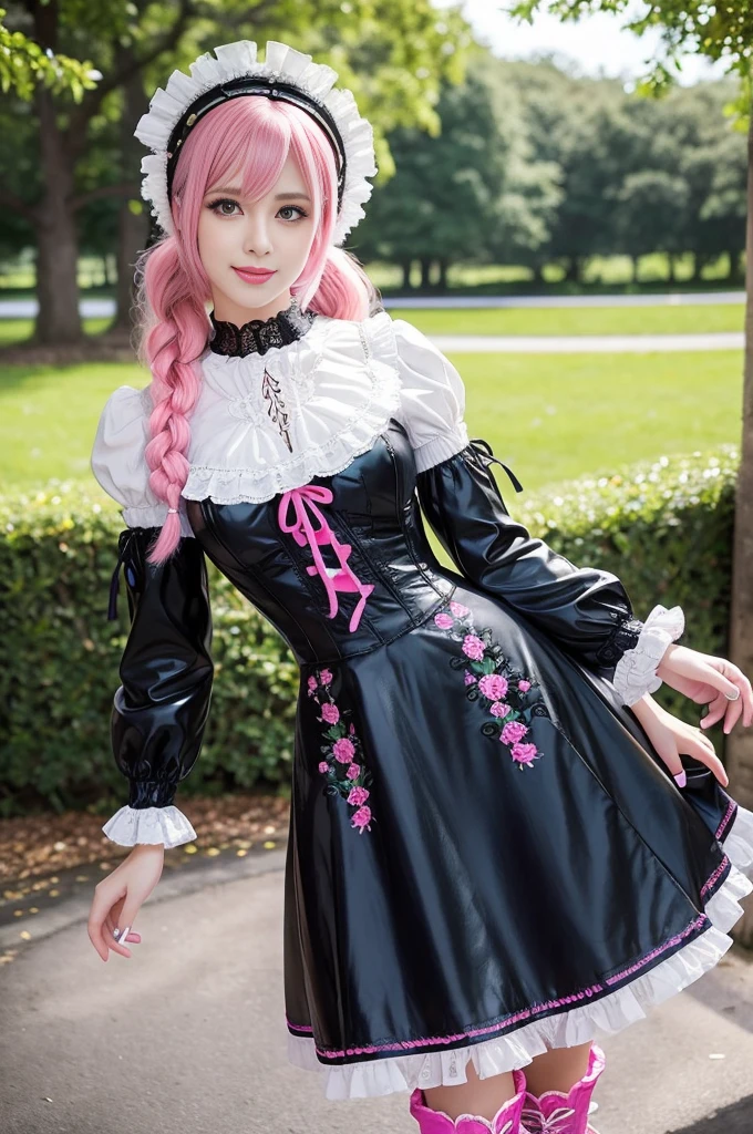 sexy stylish Swedish model, only 1 female, ((doll-like appearance)), long neon pink stylish hair, ((shiny Victorian-Style boots)), big smile, ultra detailed eyes, vivid eye makeup, lipgloss, long lashes, defined eyebrows, ((sexy Paradise Kiss cosplay)), bell-shaped skirt, petticoats, high neckline, puffed sleeves, ((ultra detailed lace)), ((ultra detailed embroidery)), intricate details, Paradise Kiss accessoires and matching headpiece, choker, ((large sparkling Paradise Kiss jewelry)), cinematic light, detailed large park background with trees