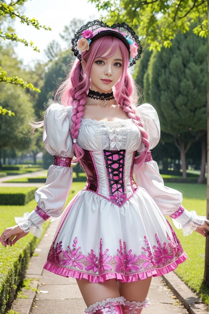 sexy stylish Swedish model, only 1 female, ((doll-like appearance)), long neon pink stylish hair, ((shiny Victorian-Style boots)), big smile, ultra detailed eyes, vivid eye makeup, lipgloss, long lashes, defined eyebrows, ((sexy Paradise Kiss cosplay)), bell-shaped skirt, petticoats, high neckline, puffed sleeves, ((ultra detailed lace)), ((ultra detailed embroidery)), intricate details, Paradise Kiss accessoires and matching headpiece, choker, ((large sparkling Paradise Kiss jewelry)), cinematic light, detailed large park background with trees 