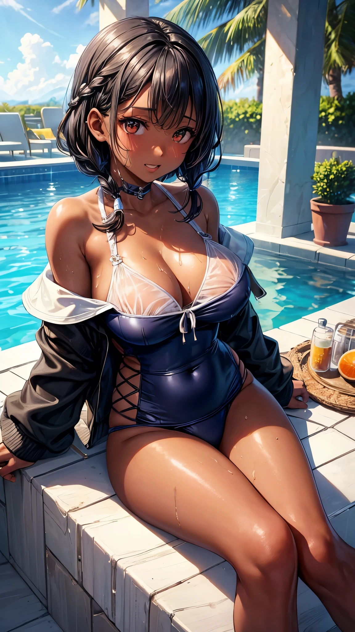 (highest quality)), ((masterpiece)), (Familiar), Perfect Face,Shiny skin,Beautiful breasts,how,Shiny skin、Sunburned skin、Sweat、Off the shoulder、Double teeth、Hotel、School swimsuit
、Short Hair、Braided Hair、Silver Hair、Young、Big Breasts、Breast Matching、Embrace、Night Pool、dark skin、Milking、2 girls、Breastfeeding