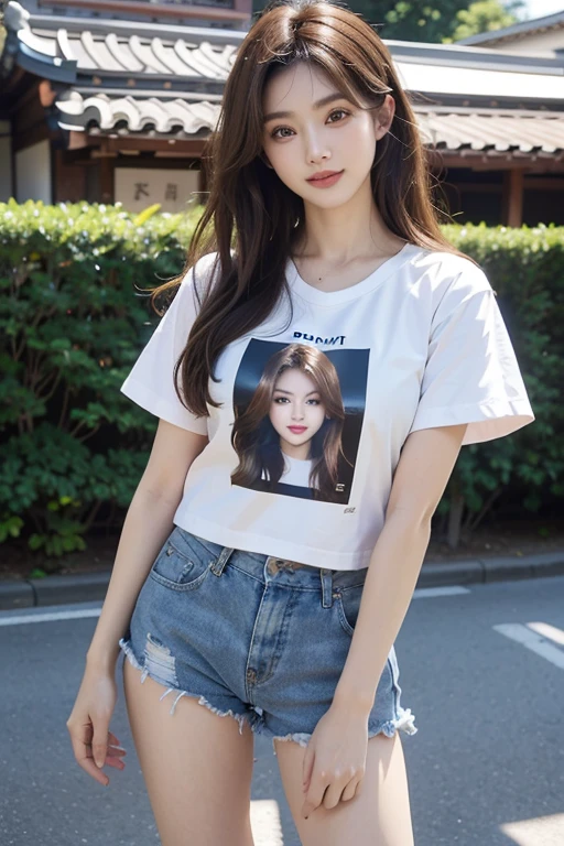((highest quality)), ((masterpiece)), (Familiar), Perfect Face, masterpiece、highest quality、High resolution、wallpaper、Realistic、Bright lighting、Professional Lighting、Face Light、Smooth lighting、Japanese women、24-years-old、so beautiful、Beautiful Skin、Beautiful and exquisite、Familiar顔、slim、Moderate、short hair、Brunette colored hair、Brown eyes、Looking into the camera、Commercial Photography, Beautiful Instagram influencer girls, The best smile,Asahi、Chibi T-shirt、(hot pants:1.2)