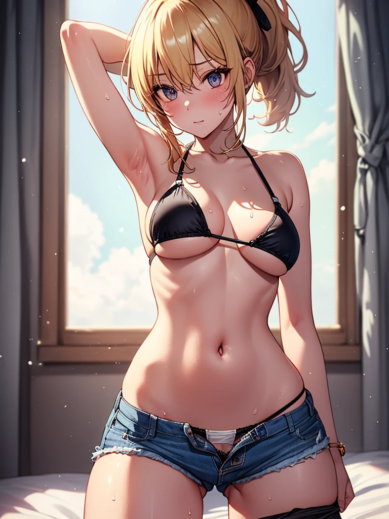(highest quality, High resolution, perfect pixel, Depth of bounds written, 4K), (cowboy shot), bed, detailed eyes, (1 lady), tall, (skinny body:1.2), (thin thighs:1.2), (Narrow hips:1.2), middle breasts, blond hair, (ponytail:1.2), (black triangle bikini:1.2), (denim short pants), (unbutton:1.3), (panty strap:1.3), (sexy pose), (swayback stance:1.2), (arms behind head:1.2), (wariza:1.5), (clear face), sweat,