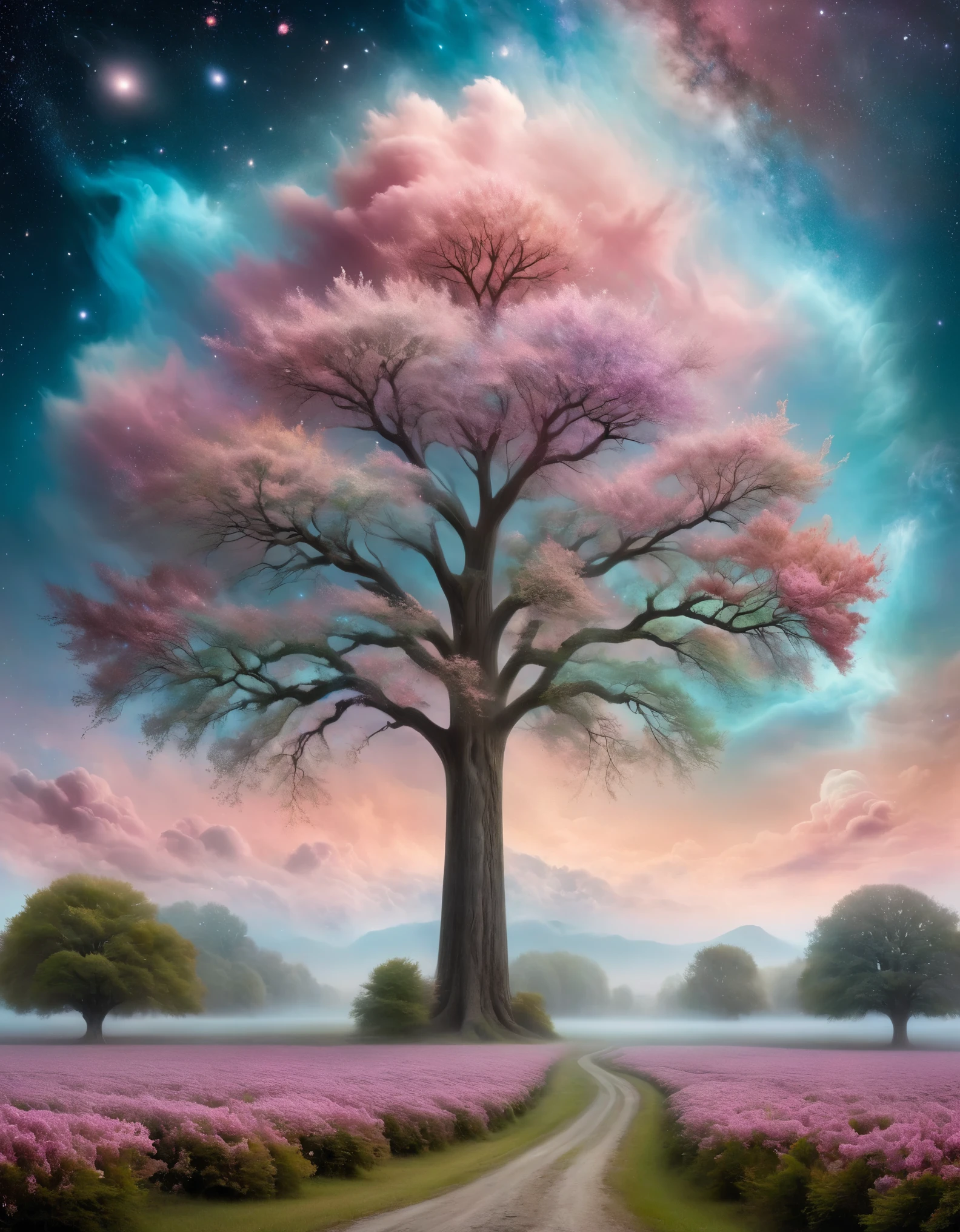 A surrealist dreamscape with pastel skies and cotton candy clouds. A colossal tree with luminous leaves containing tiny galaxies stands at the center, surrounded by bioluminescent flowers casting ethereal shadows