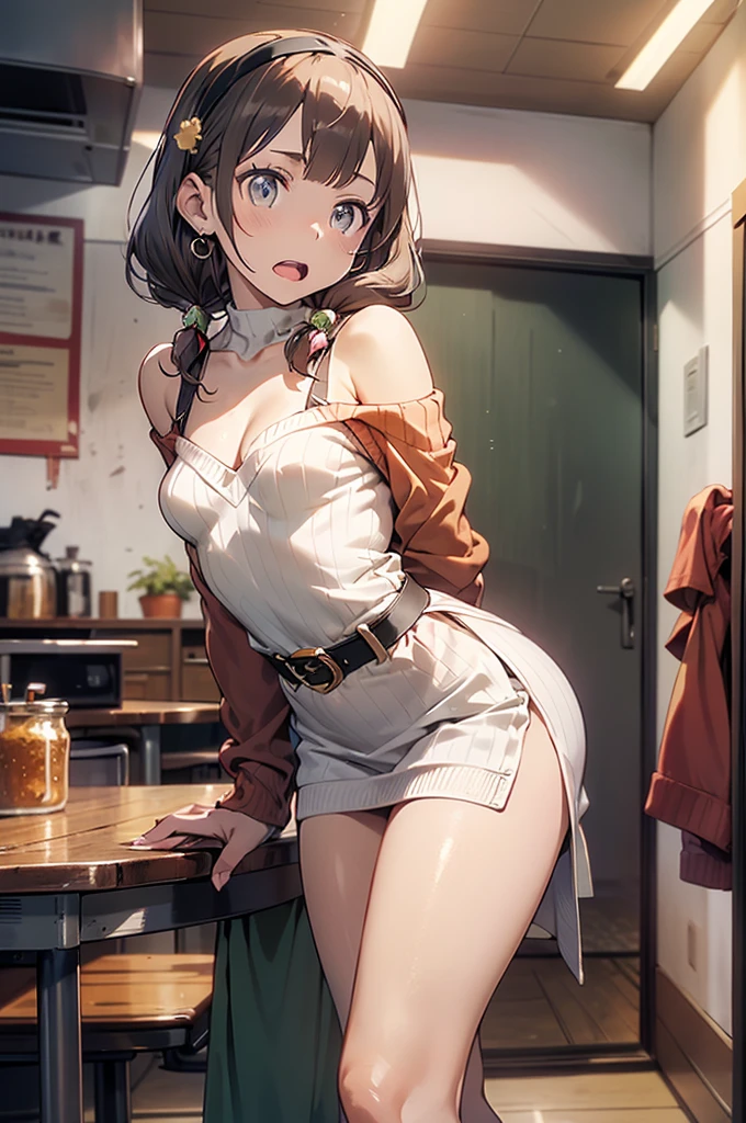 (small breasts:1.3), (perky chest:1.1), (pointed chest:1.0), (fashion magazine cover:1.3),(from below:1.0),(from side:0.9),masterpiece, 1girl, Amazing Cleavage:1.1, thin waist, big ass, Raised sexy, small breast: 1.3, posed cleavage:1.2、solo, looking at viewer, open mouth, have a cute grass of cute beergrass,black hair, dark green eyes, dress, bare shoulders, jewelry, collarbone, sidelocks, hairband, earrings, indoors, off shoulder, :o, sweater, arms behind back, plant, short hair with long locks, gild hairband, off-shoulder dress, sweater dress, off-shoulder sweater, red sweater, dark gord hair, big side hair, very long side hair,is rendered in (masterpiece: 1.2, best quality), with (ultra high resolution) and an exquisite (depth of field). This masterpiece is not only visually stunning but also tells,A scene of cooking in the kitchen by classroom