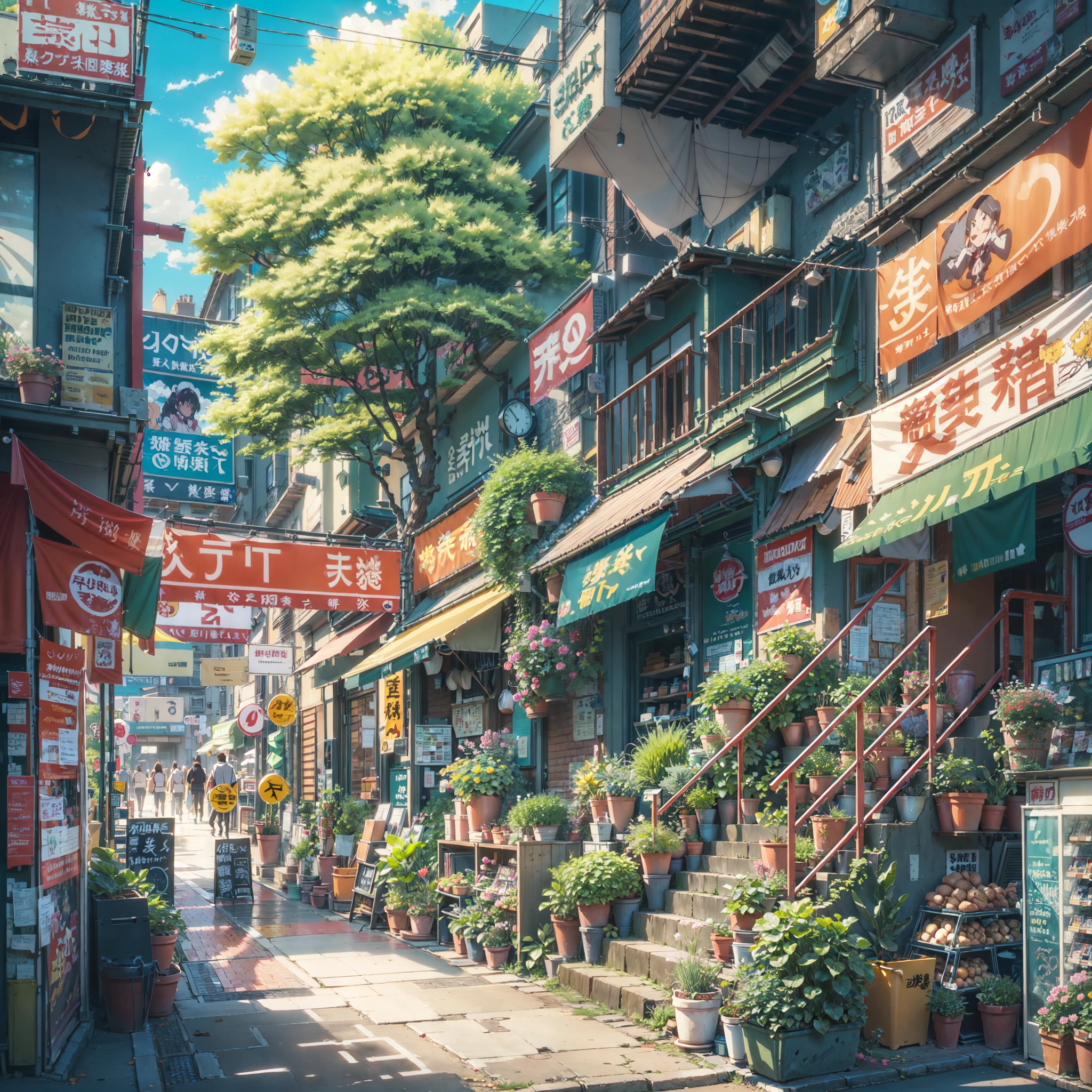 anime city street scene with a stairway leading to a shop, anime background art, anime style cityscape, colorful anime movie background, beautiful anime scenery, beautiful anime scene, anime scenery, anime art wallpaper 8 k, tokyo anime scene, anime art wallpaper 4k, anime art wallpaper 4 k, anime scenery concept art, hd anime cityscape, anime background, japanese shop signs, plant pots. trees