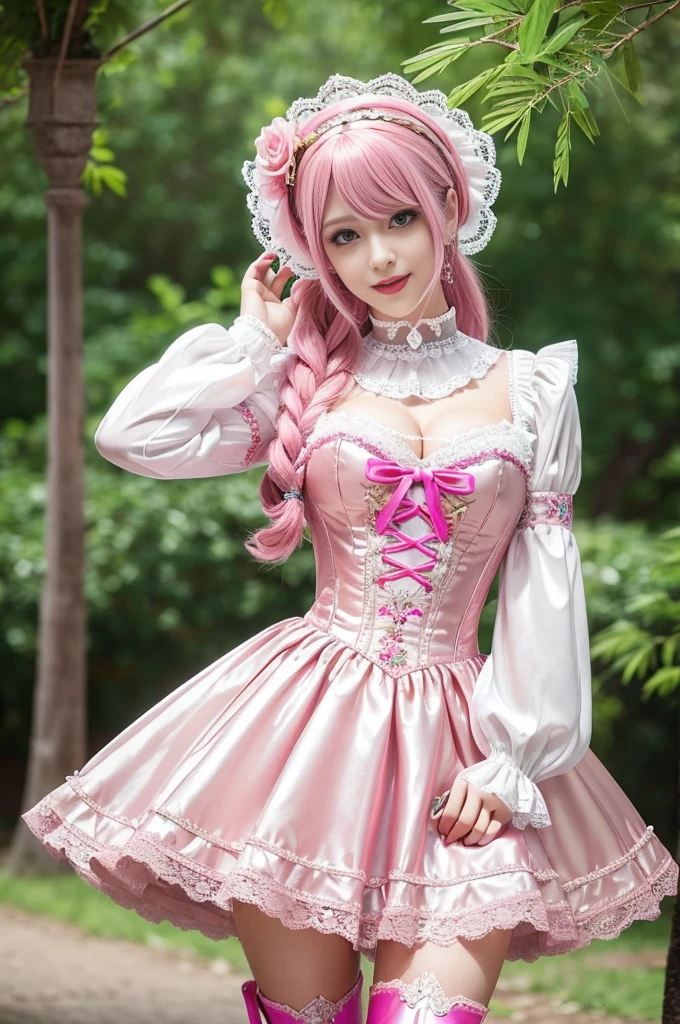 sexy stylish Swedish model, only 1 female, ((doll-like appearance)), long neon pink stylish hair, ((shiny Victorian-Style boots)), big smile, ultra detailed eyes, vivid eye makeup, lipgloss, long lashes, defined eyebrows, ((sexy Paradise Kiss cosplay)), bell-shaped skirt, petticoats, high neckline, puffed sleeves, ((ultra detailed lace)), ((ultra detailed embroidery)), intricate details, Paradise Kiss accessoires and matching headpiece, choker, ((large sparkling Paradise Kiss jewelry)), cinematic light, detailed large park background with trees 