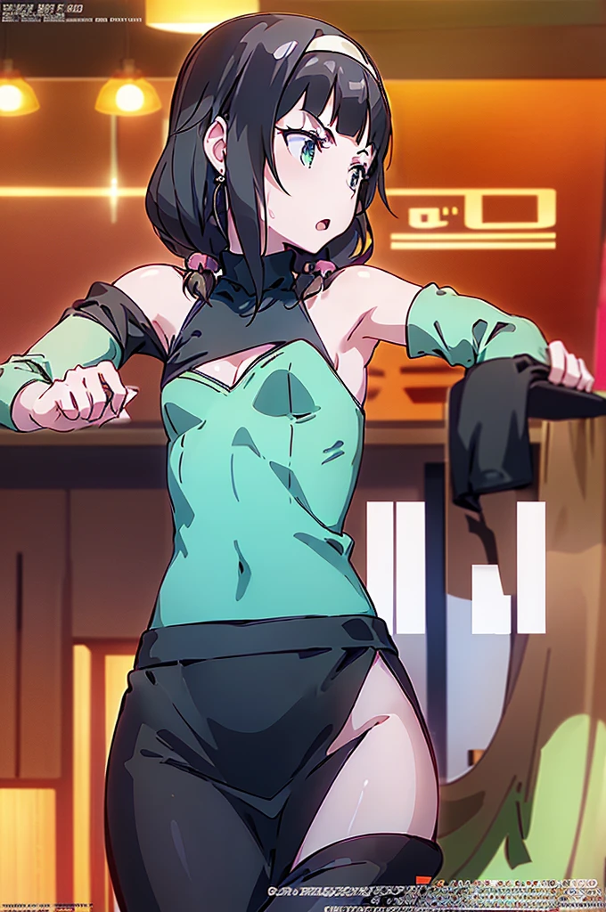 (small breasts:1.3), (perky chest:1.1), (pointed chest:1.0), (fashion magazine cover:1.3)，(from below:1.0),(from side:0.9),masterpiece, 1girl, Amazing Cleavage:1.1, thin waist, big ass, Raised sexy, small breast: 1.3, posed cleavage:1.2、solo, looking at viewer, open mouth, have a cute grass of cute beergrass,black hair, dark green eyes, dress, bare shoulders, jewelry, collarbone, sidelocks, hairband, earrings, indoors, off shoulder, :o, sweater, arms behind back, plant, short hair with long locks, gild hairband, off-shoulder dress, sweater dress, off-shoulder sweater, red sweater, dark gord hair, big side hair, very long side hair,is rendered in (masterpiece: 1.2, best quality), with (ultra high resolution) and an exquisite (depth of field). This masterpiece is not only visually stunning but also tells,A scene of cooking in the kitchen by classroom
