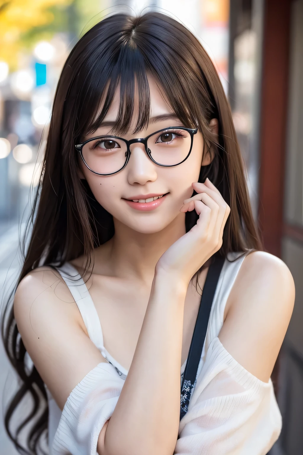 ((Japanese girl)), 8k, RAWphotograph, highest quality, Ultra-detailed, Ultra-high resolution, Realistic, Like a photograph, High-resolution RAW color photograph, Professional photography, Very detailed, 8k Wallpaper, wonderful, In detail, Large file size, Very detailedな顔, Very detailedな目, Very detailed skin, Very detailedな指, Very detailedな鼻, Very detailedな口, Perfect Anatomy, Very detailed background, Realistic body, Good figure, Hair fluttering, Cute Face, photograph, (Smile), Perfect Skin, Perfect Anatomy, (Round Glasses), (Mole), Swept-apart bangs, autumn, ((Downtown)),