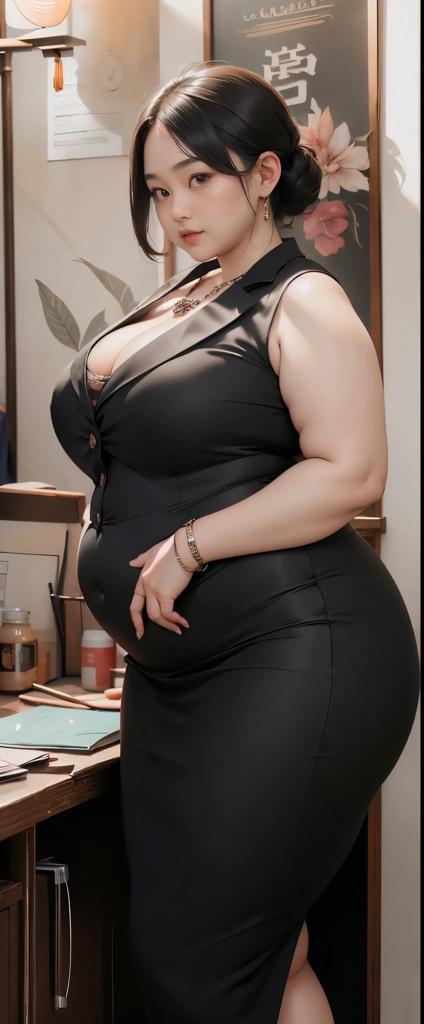 Chubby woman with fat belly and tight thighs, full body, 50-year-old mature woman, thick hips, thick neck, thick chest, big eyes, wearing a longest dress, wearing a hijab, hijabi woman