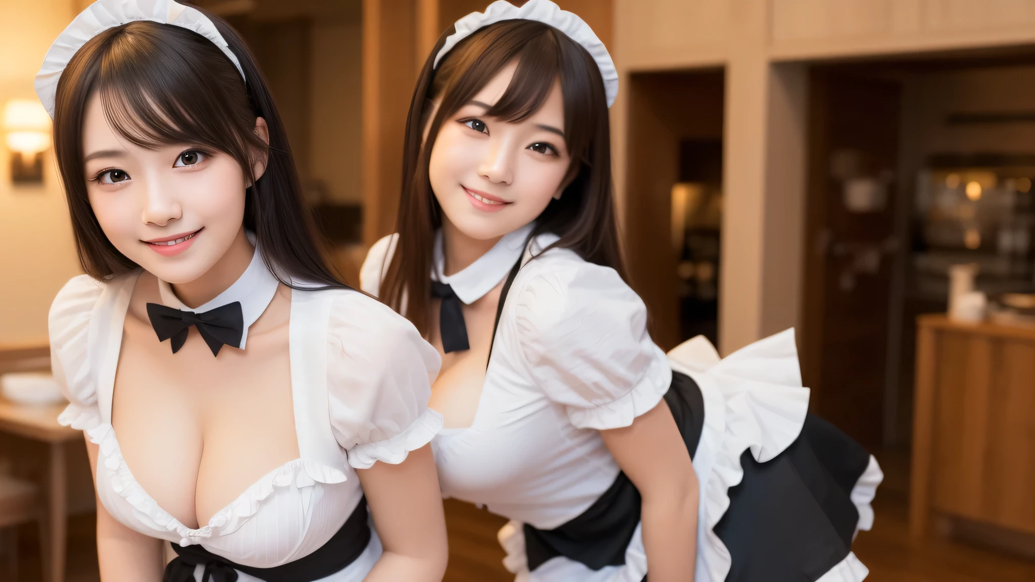 (2girl), kawaii face, (cute smile:1.2), (maid cafe costume, costume with frills, mini skirt:1.2), (best Quality:1.4), (hyper-realistic, hight resolution), Professional Photography, standing, Indoor, (maid cafe), Close up portrait of girl, staring at me, cleavage, (Fine face:1.2),