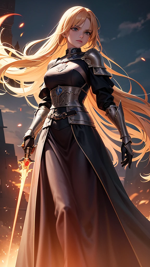 "Design an image featuring an incredibly beautiful woman adorned in shining armor, wielding a flaming sword in one hand. She should stand in a location dominated by a towering, ominous black medieval castle. The scene should evoke a sense of heroic determination, with the woman confronting her challenges fearlessly against the backdrop of the formidable fortress."