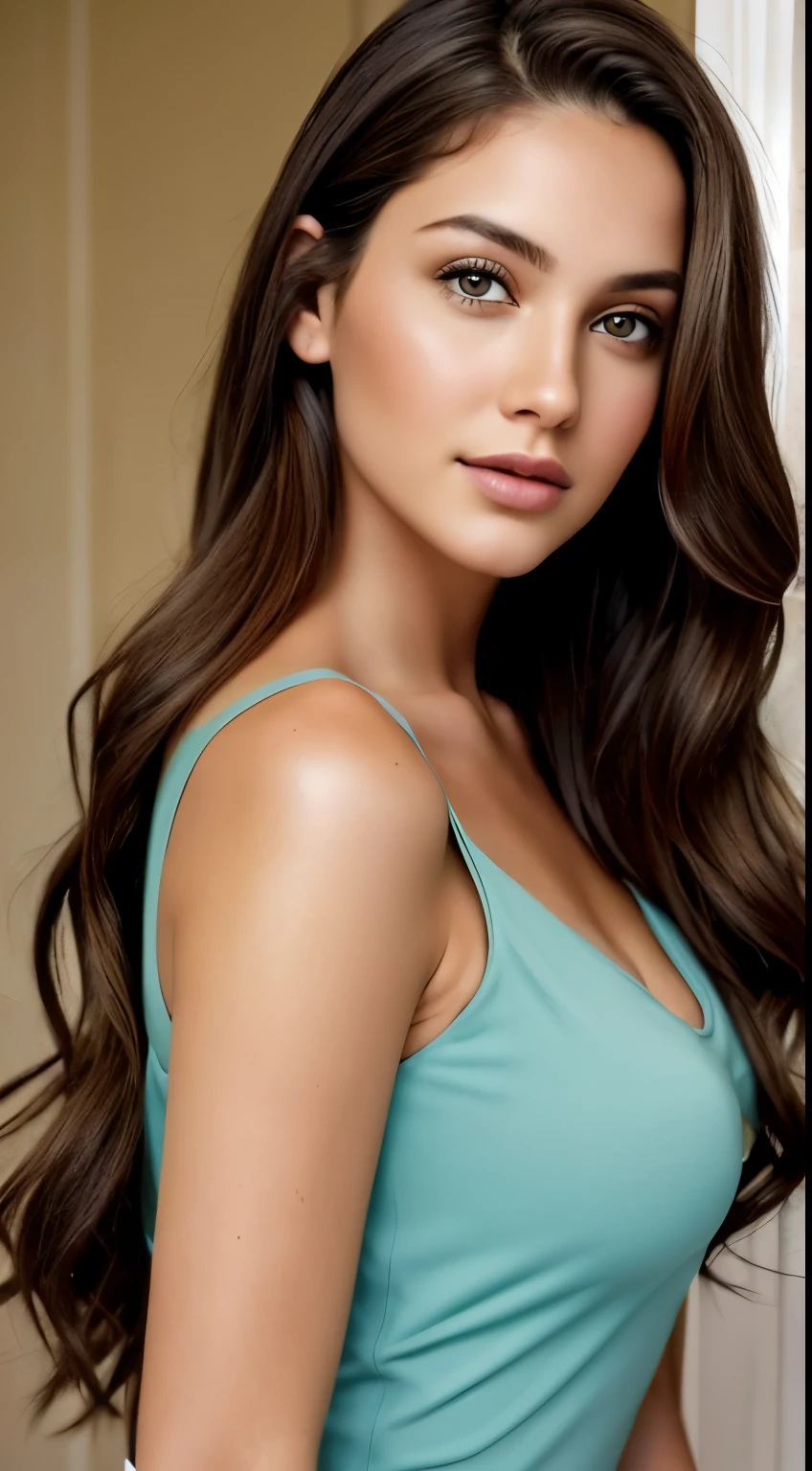 A photorealistic photo of a 25-year-old American woman, elegante y moderna, with long brown hair and striking brown eyes, Con ojos marrones. It's at home. Foto de cuerpo entero, La chica con ropa ajustada . Take a full photo, Foto de longitud.. Para que la chica sea atractiva para los hombres, must have a natural and attractive facial expression, Take a high resolution photo.