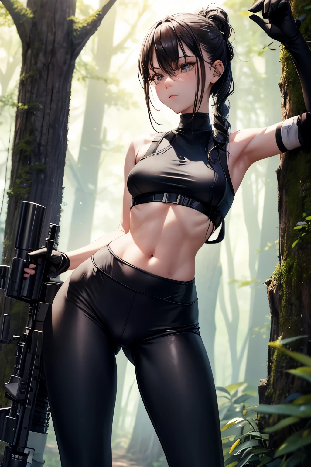 slender girl, frail frame wearing rifle on back, wearing tight black leggings with a cameltoe, hiking through the woods