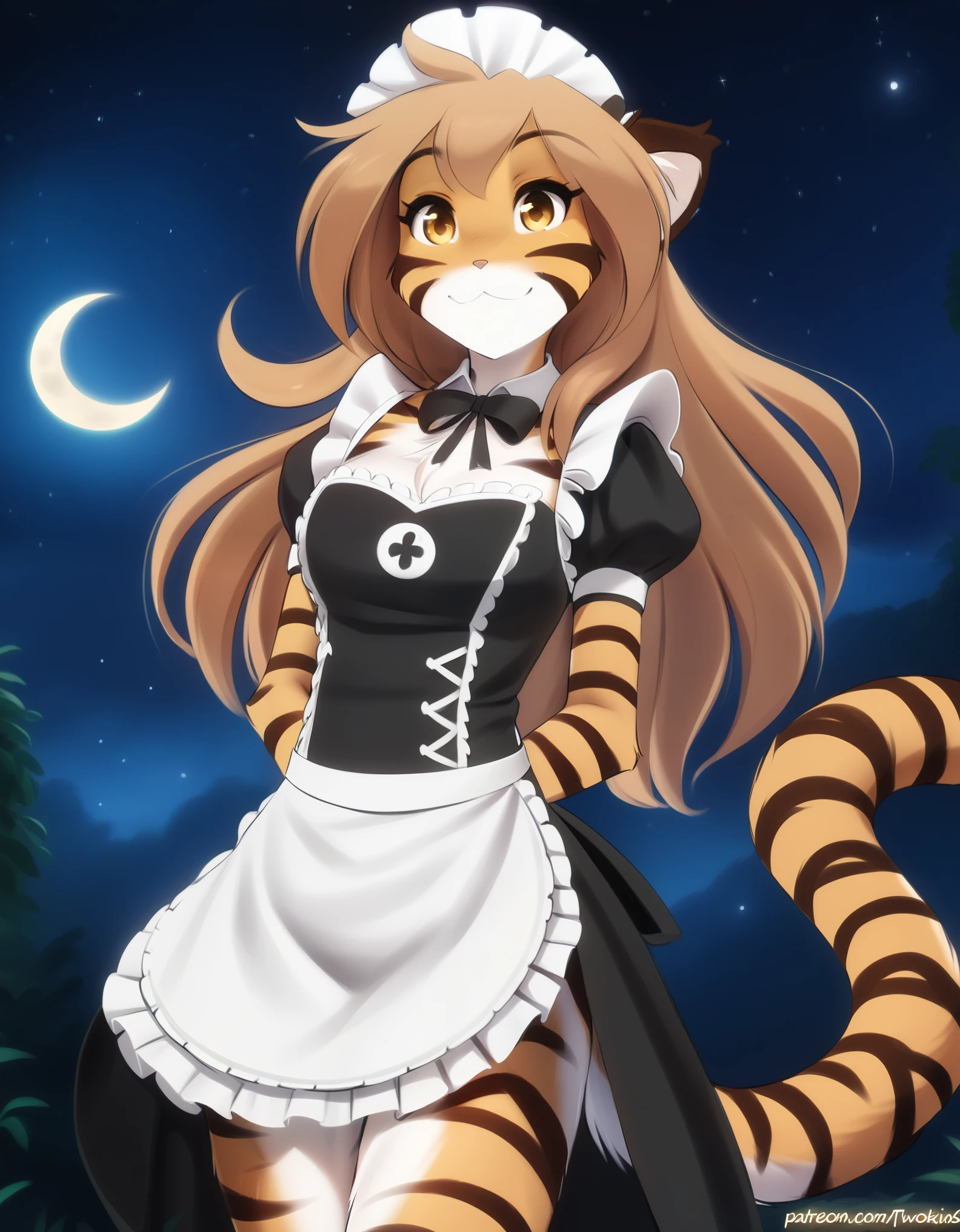 tkflora, felid, keidran, mammal, pantherine, tiger, flora_(twokinds), flora_twokinds, twokinds, personalami, rating:safe, anthro, arm_tuft, forest, night, stars, moon, long brown hair, yellow eyes, long hair ,tiger tail, maid, maid apron, furry female, 