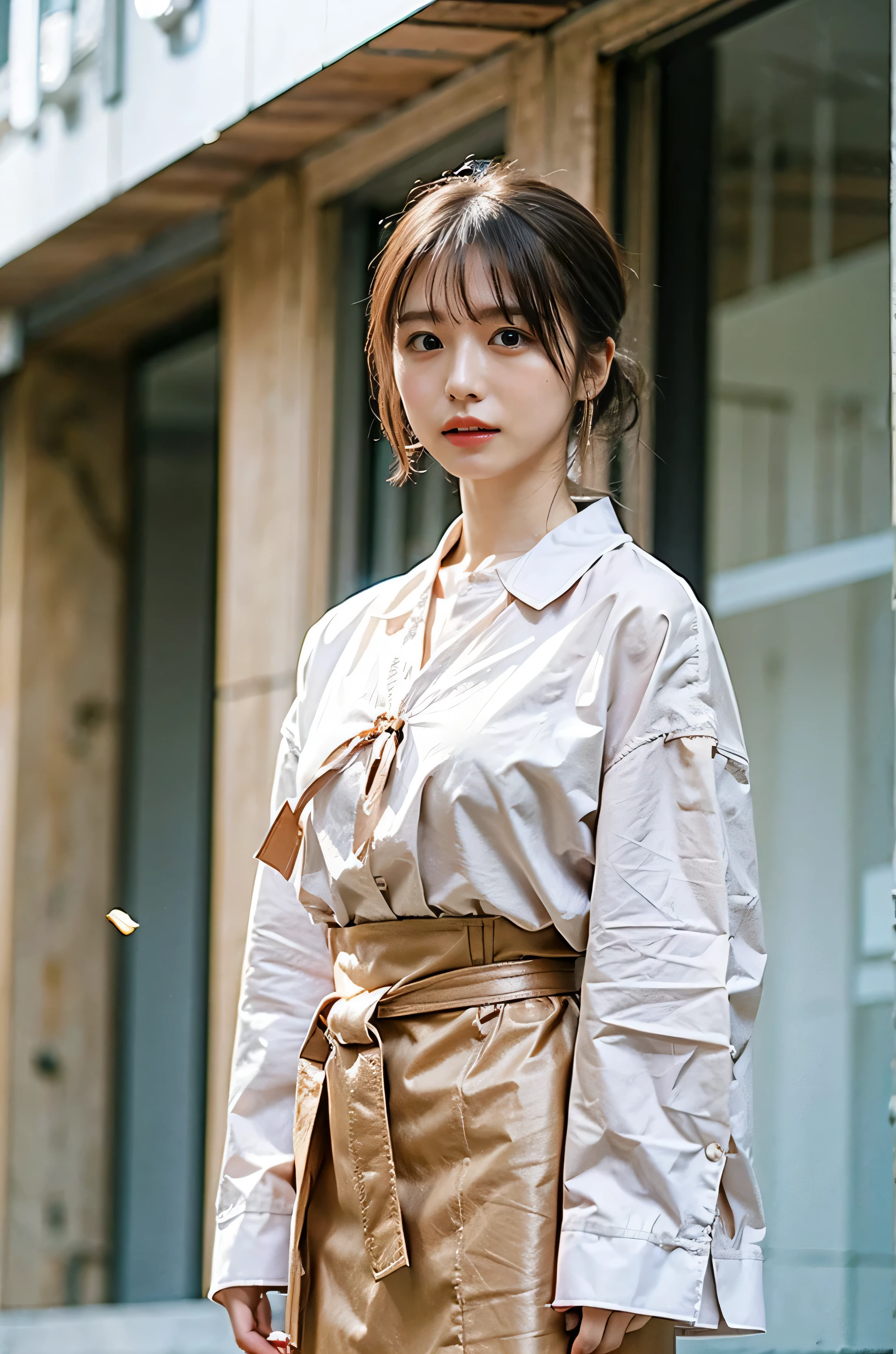 Japanese Idols、((Dark beige hair color、Side Ponytail:1.4))、Checked Skirt、No sleeve、Outdoor Shot、Cute clothes、Tie your hair up、cream hair color、Leather Belt、Her huge breasts are obvious even from her clothes.、Small earrings、Light brown hair color、Tie your hair up:1.4))、Shiny Hair、Light beige hair color、Background Blur、Braid only the front hair、Light brown hair、{{Cowgirl Shot}}、((Close-up shot from the waist up、Big Breasts:1.4))、Big Breasts、Smile、Silk clothing、Big Breasts that can be seen even through clothes、Braid only the front hair、Cowboy Shot、A luxurious white collared silk shirt and a brown skirt、Elegant attire、Luxury Bags、A lovely smile、((Skimpy clothing))、Full body photo、ring、Short skirt、Tuck your hair behind one ear、Silver Necklace、smile、 Elegant ponytail、Caustics、Highly detailed photos、Very beautiful and ideal medium short hair、Big Breasts、Super no makeup、(8k、RAW Photos、highest quality、masterpiece:1.2)、(Realistic、Realistic)、1 girl、((Big Breastedium Short Hair、Looking into the camera:1.4))、Hair blowing in the wind