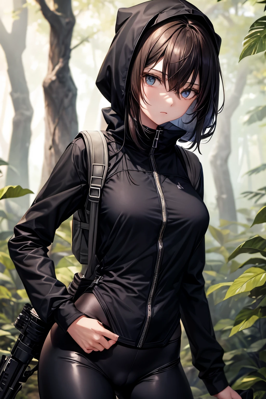 slender girl, frail frame wearing rifle on back, wearing tight black leggings with a cameltoe, hiking through the woods